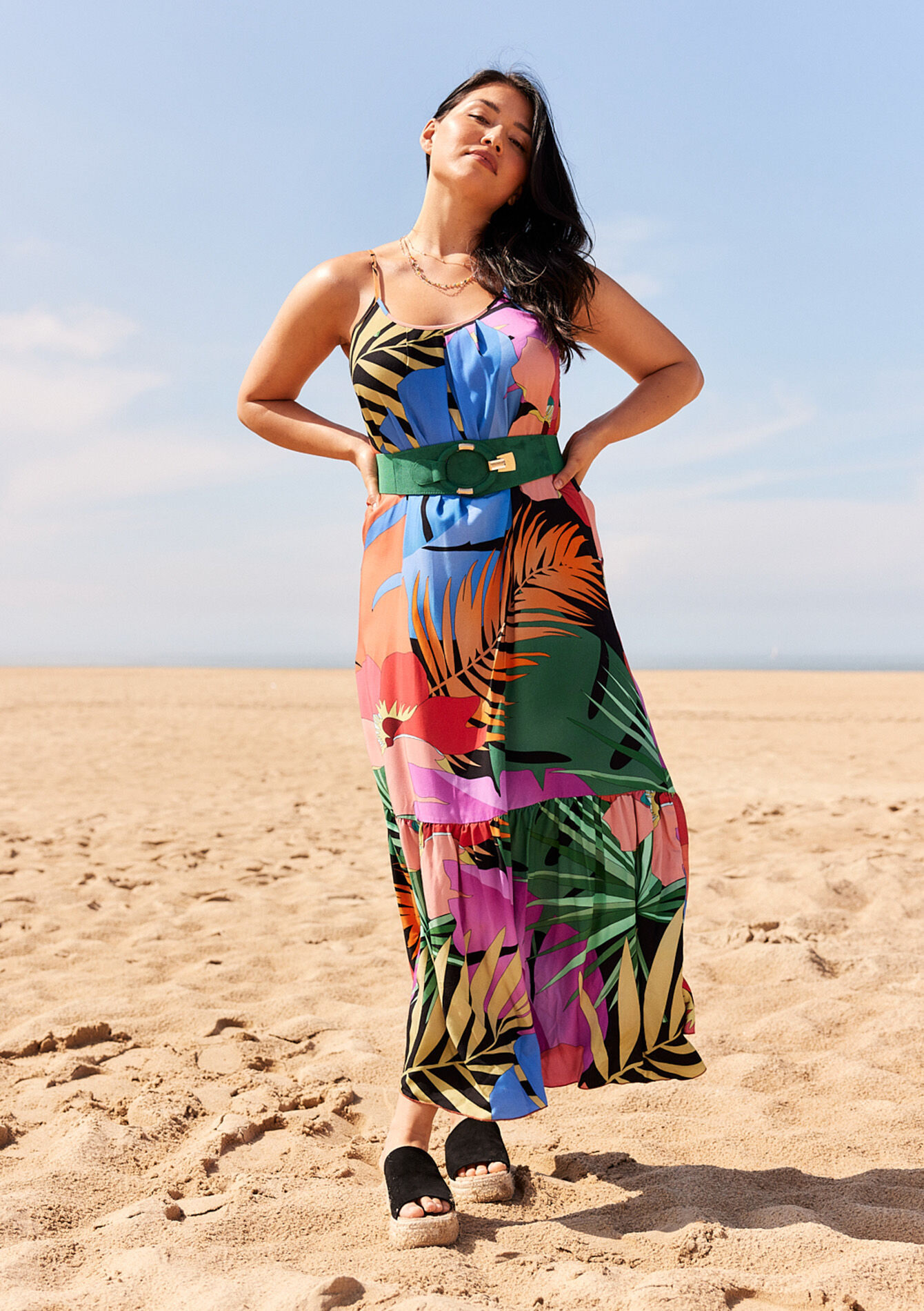 A-line dress with palm leaves, A-line dress with palm leaves - ORANGE BRIGHT - 08602107_1255