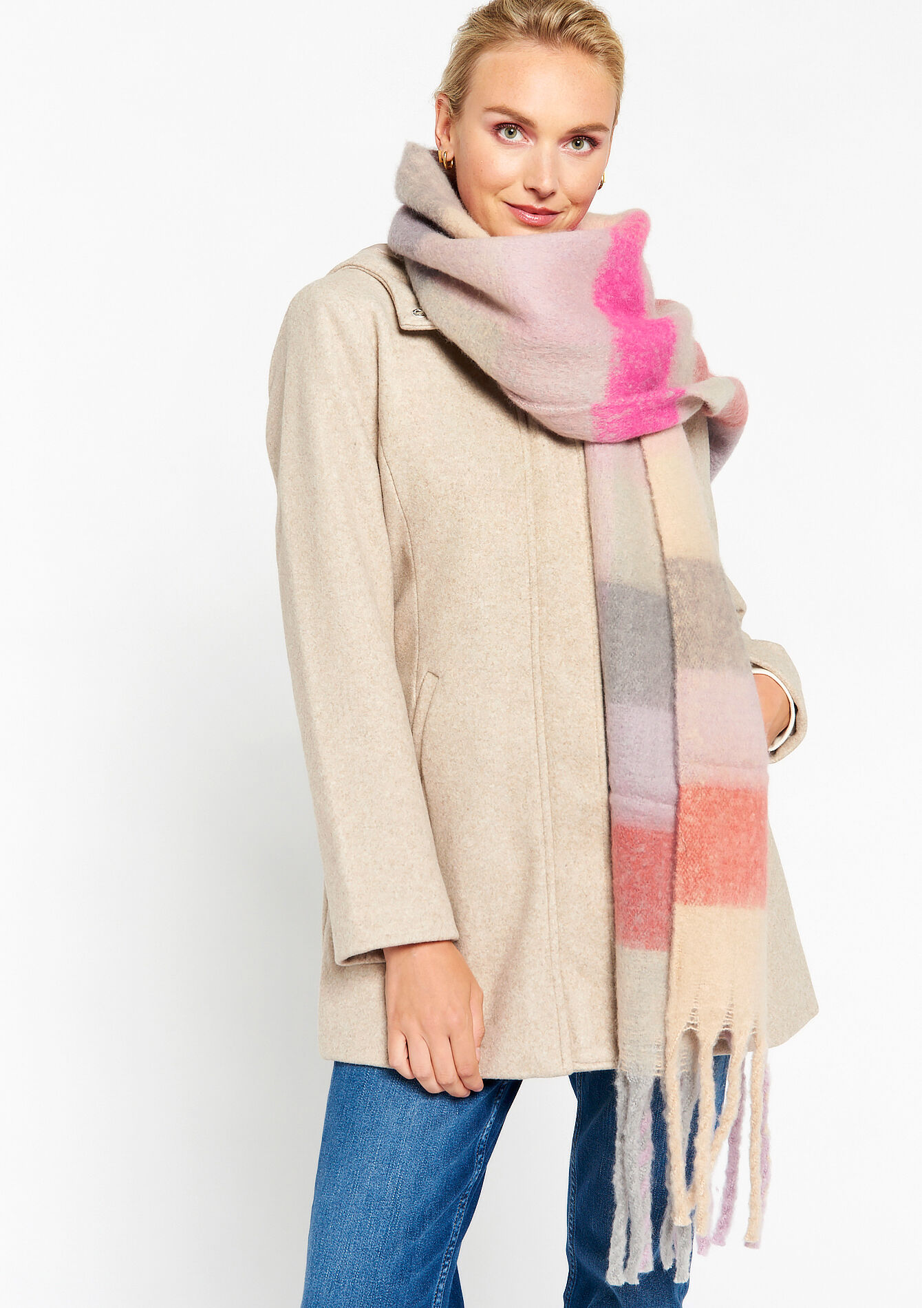 Écharpe à carreaux avec franges, Écharpe à carreaux avec franges - FUCHSIA - 17101035_5626