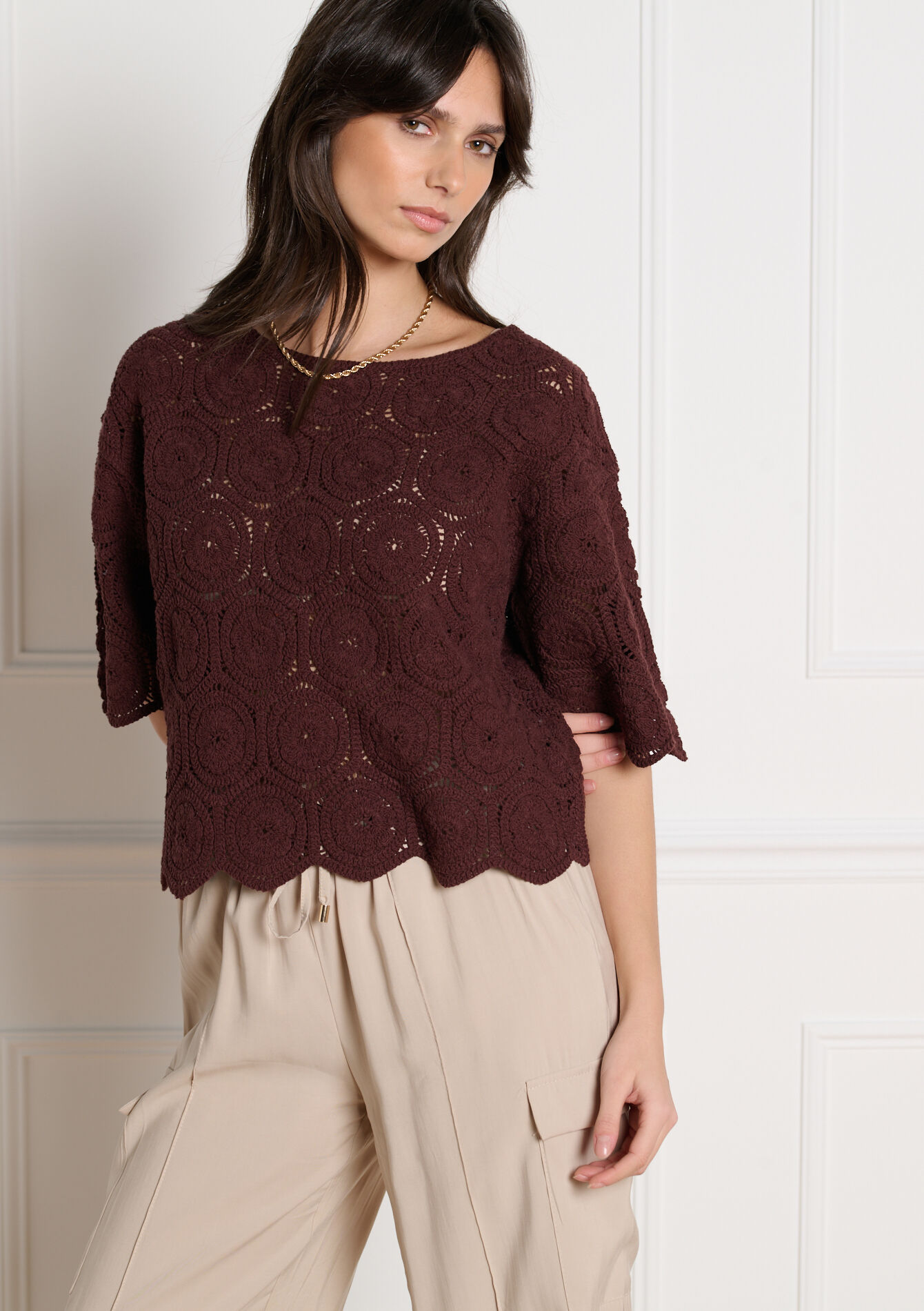 Gehaakt opengewerkt top, Gehaakt opengewerkt top - BROWN DARK CHOCOLATE - 04007065_3720