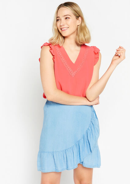 Blouse with V-neck - CORAL BRIGHT - 05702196_2007