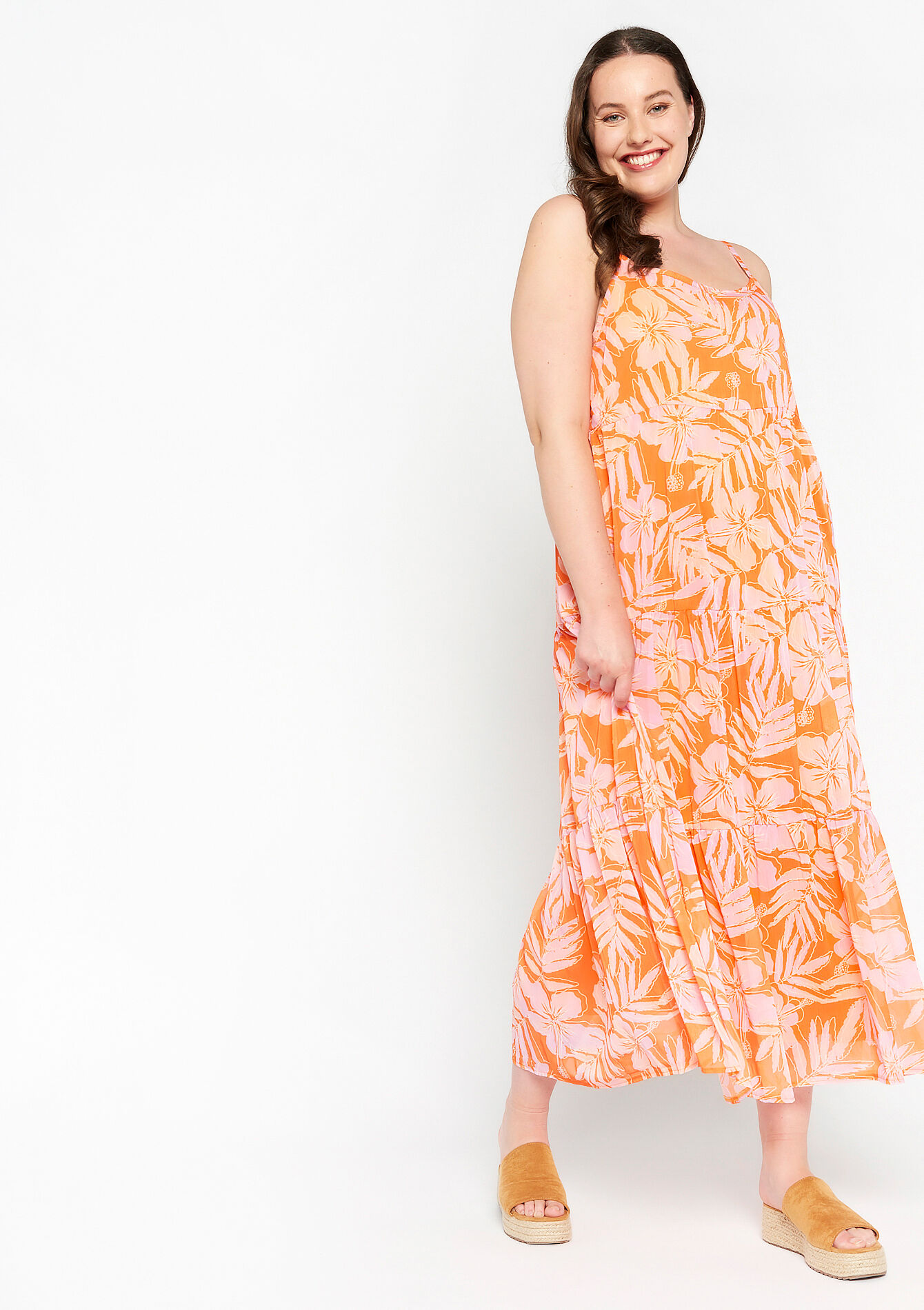 Lange A-lijn jurk met bloemenprint - ORANGE BRIGHT - 08602036_1255