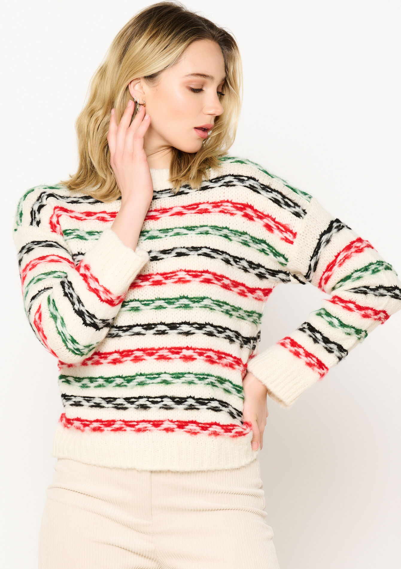 Gestreepte jacquard trui - VANILLA WHITE - 04006835_1013