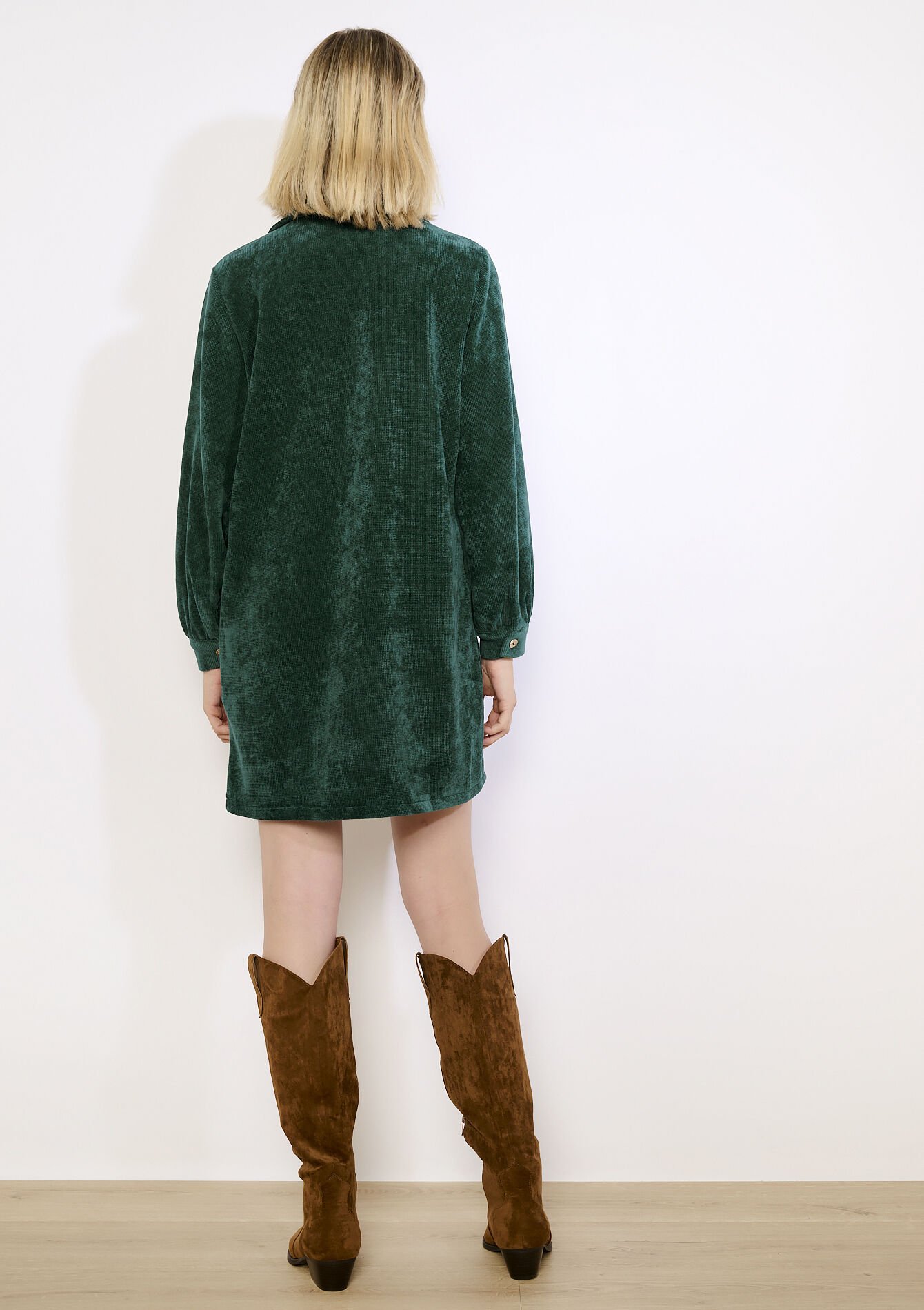 Robe chemise en velours, Robe chemise en velours - BOTTLE GREEN - 08104417_1778