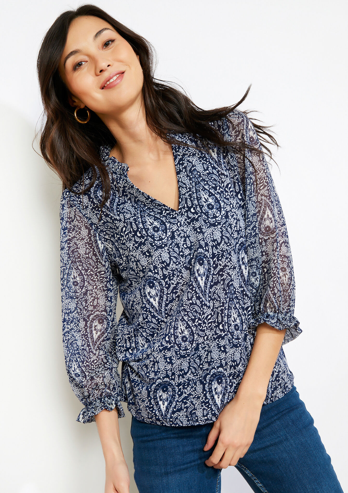 Blouse met print en voile - NAVY BASIC - 02302002