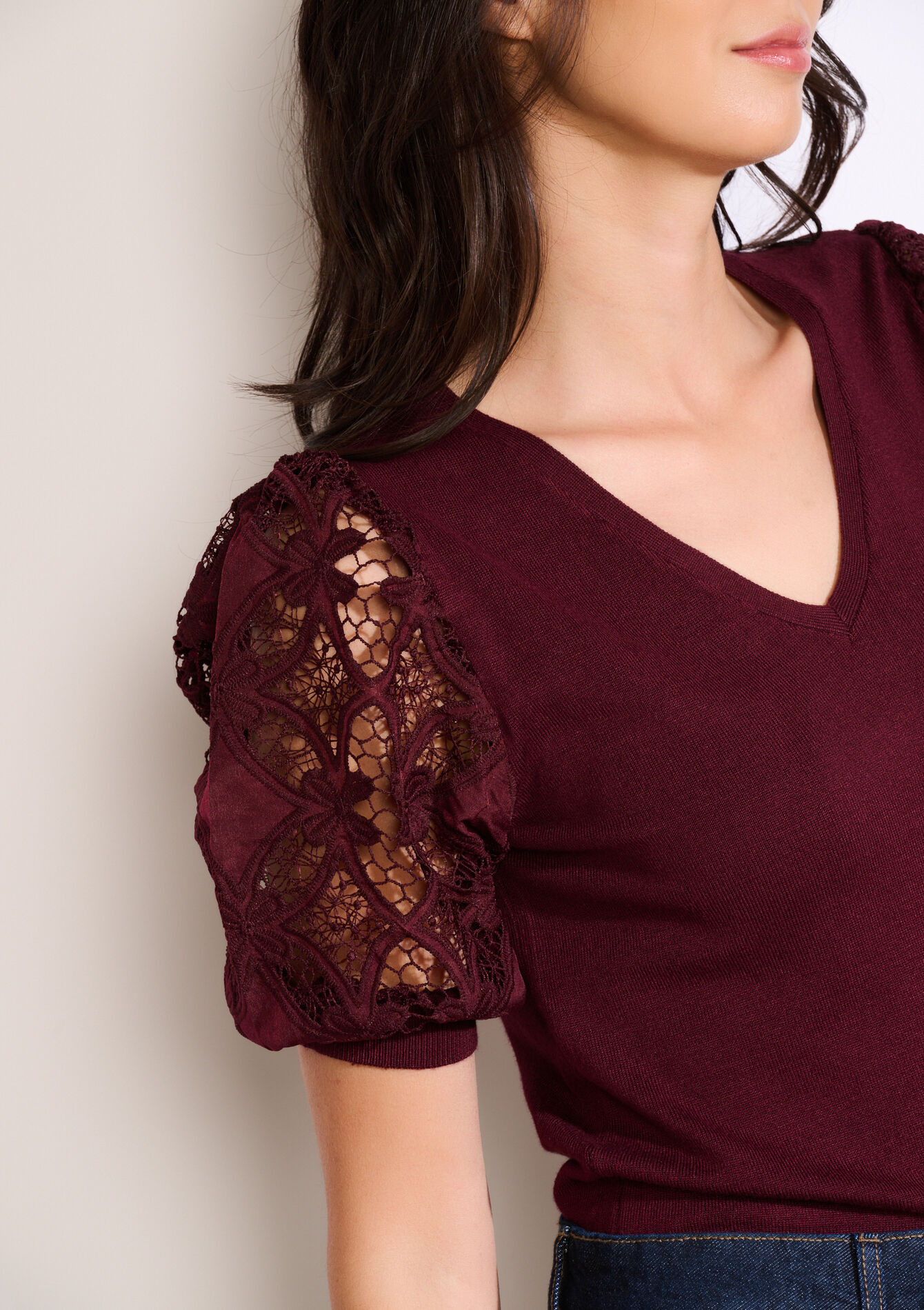 Trui met korte kanten mouwen, Trui met korte kanten mouwen - BORDEAU WINE - 04006987
