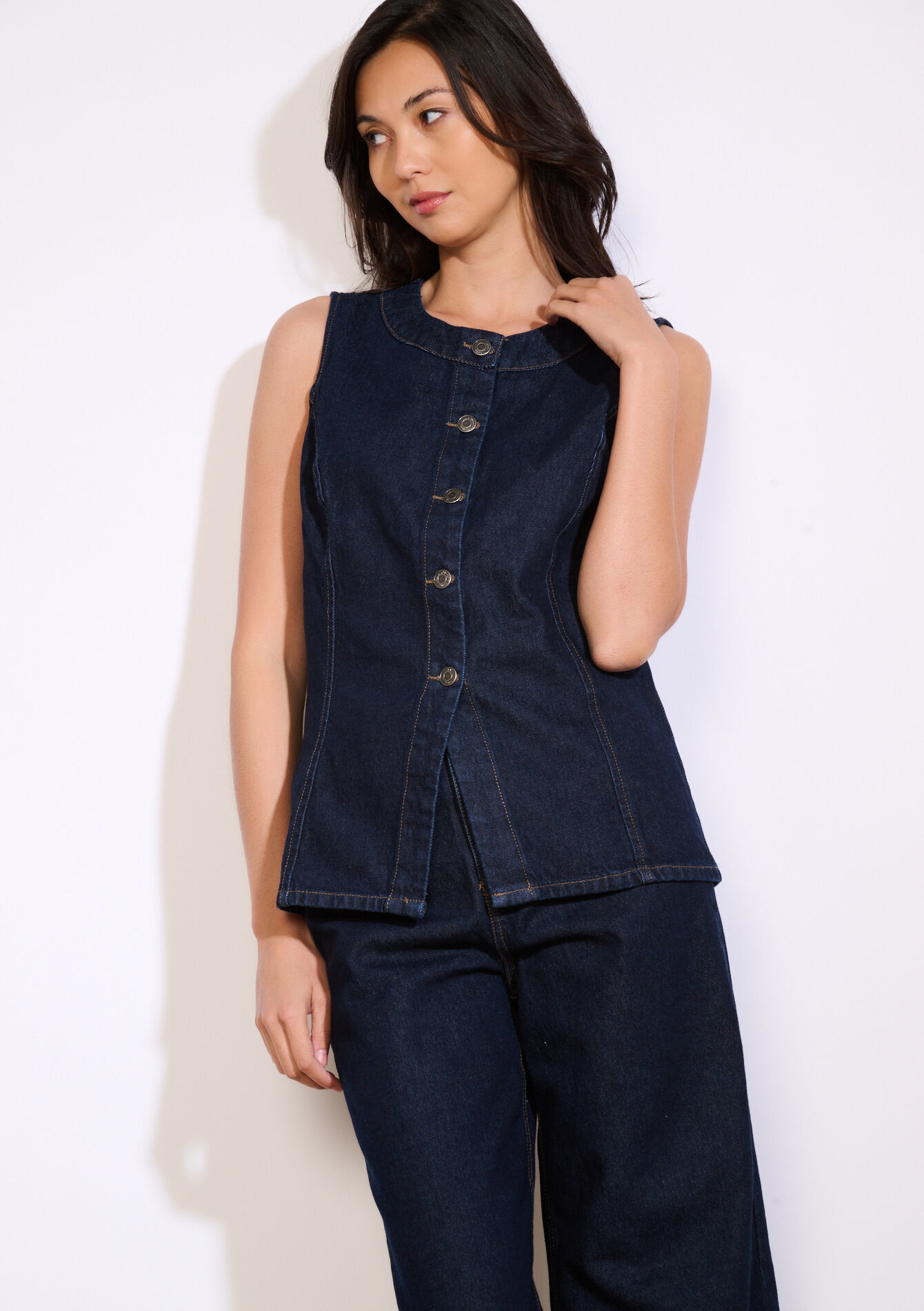 Sleeveless denim jacket, Sleeveless denim jacket - DARK BLUE - 09101079_0501