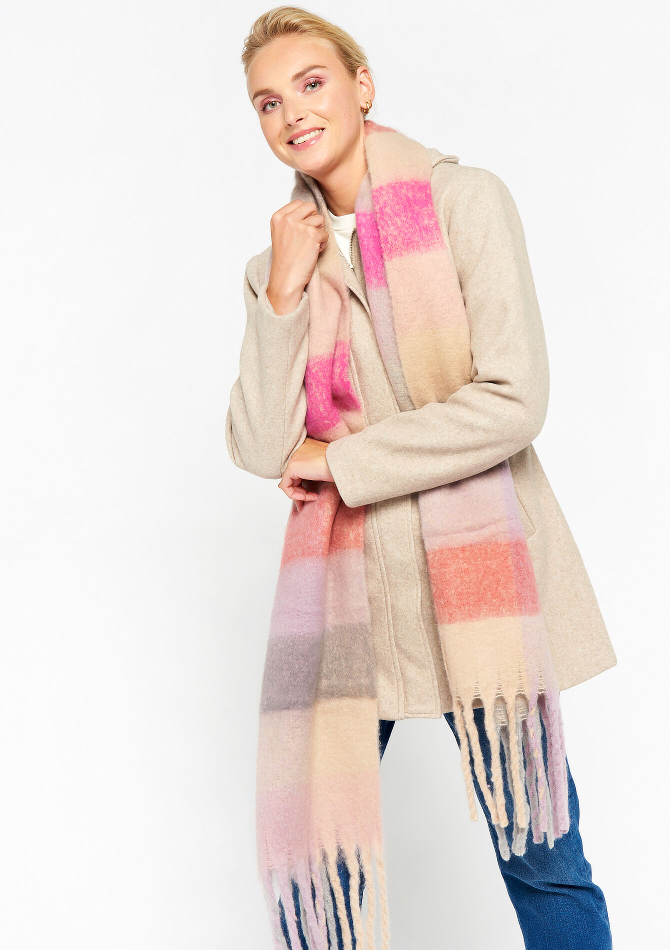 Écharpe à carreaux avec franges, Écharpe à carreaux avec franges - FUCHSIA - 17101035_5626