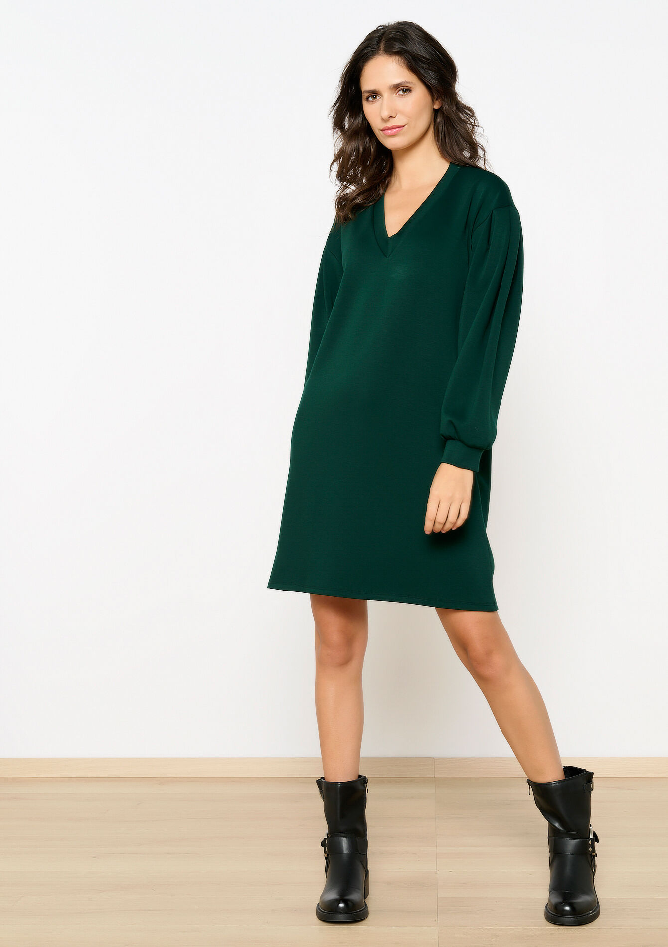 Robe sweat à col V, Robe sweat à col V - BOTTLE GREEN - 08103896_1778