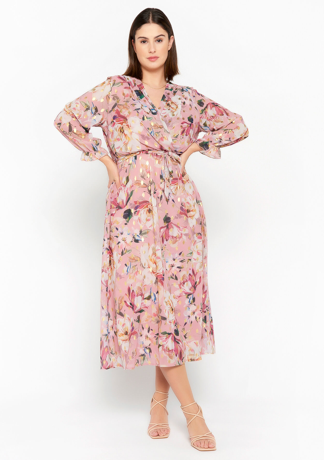Maxi wrap dress with floral print - NUDE PINK - 08601869