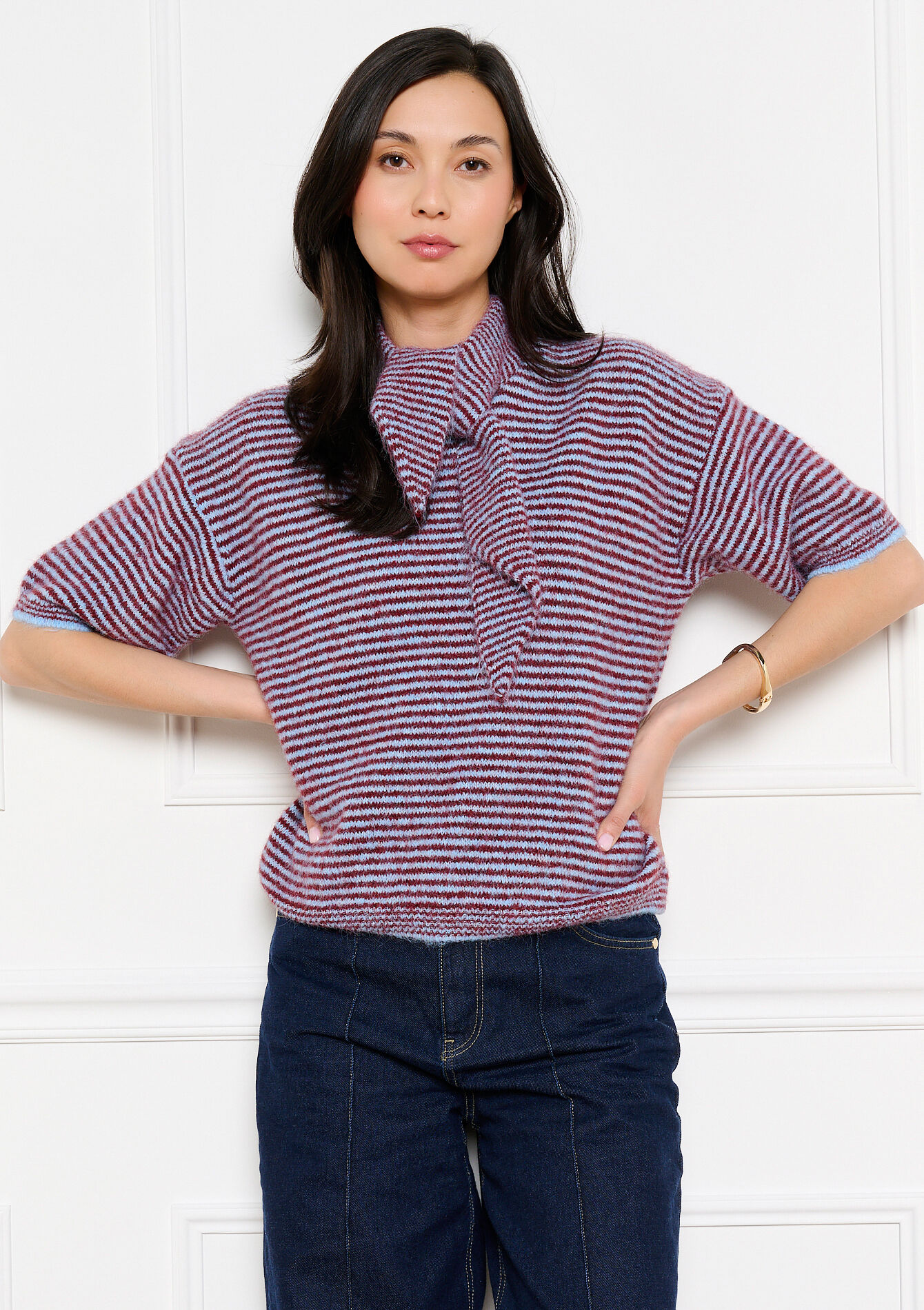 Gestreepte trui met korte mouwen - LT BLUE - 04007220_2519