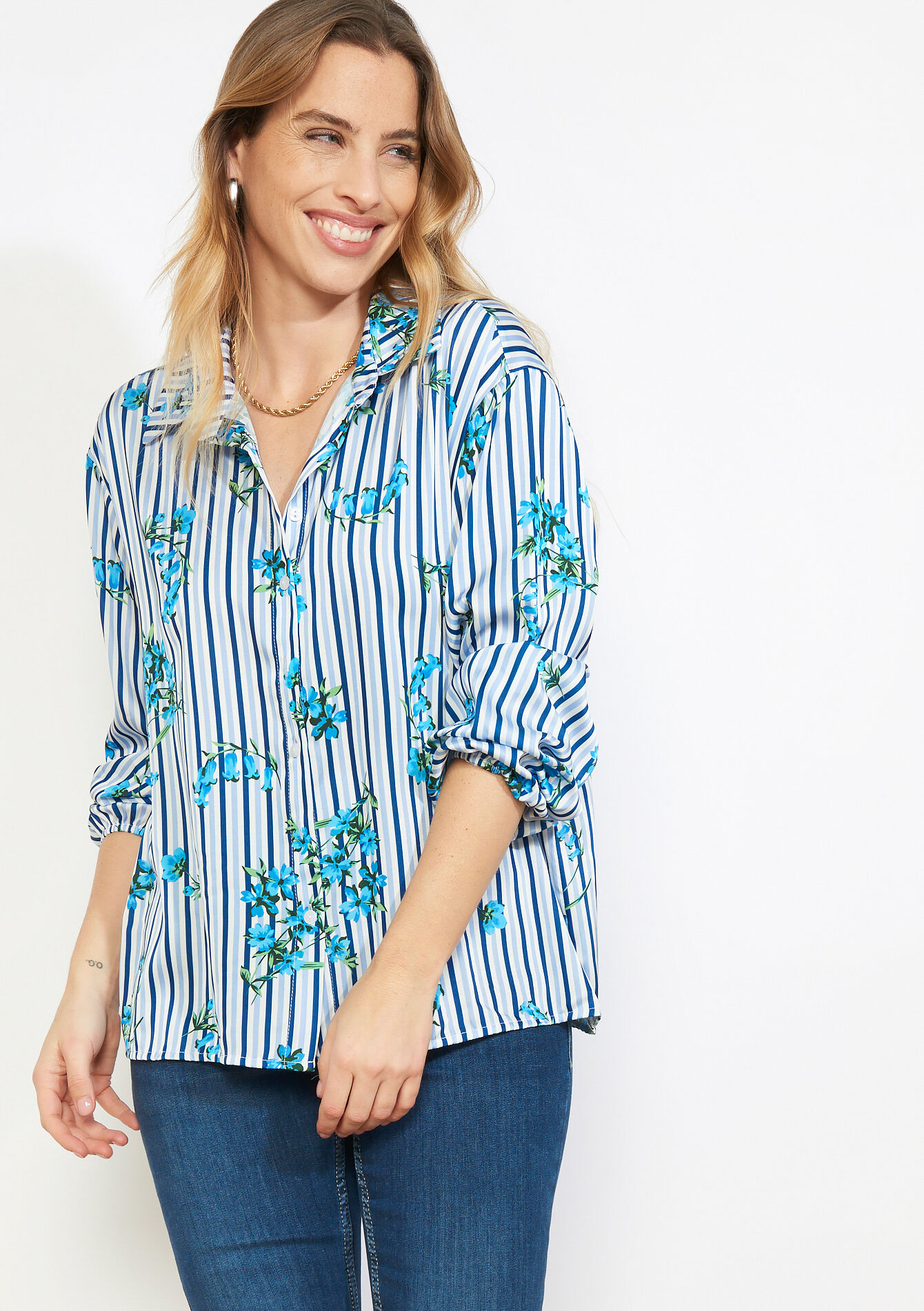 Gestreepte bloemenblouse - OPTICAL WHITE - 05703044_1019
