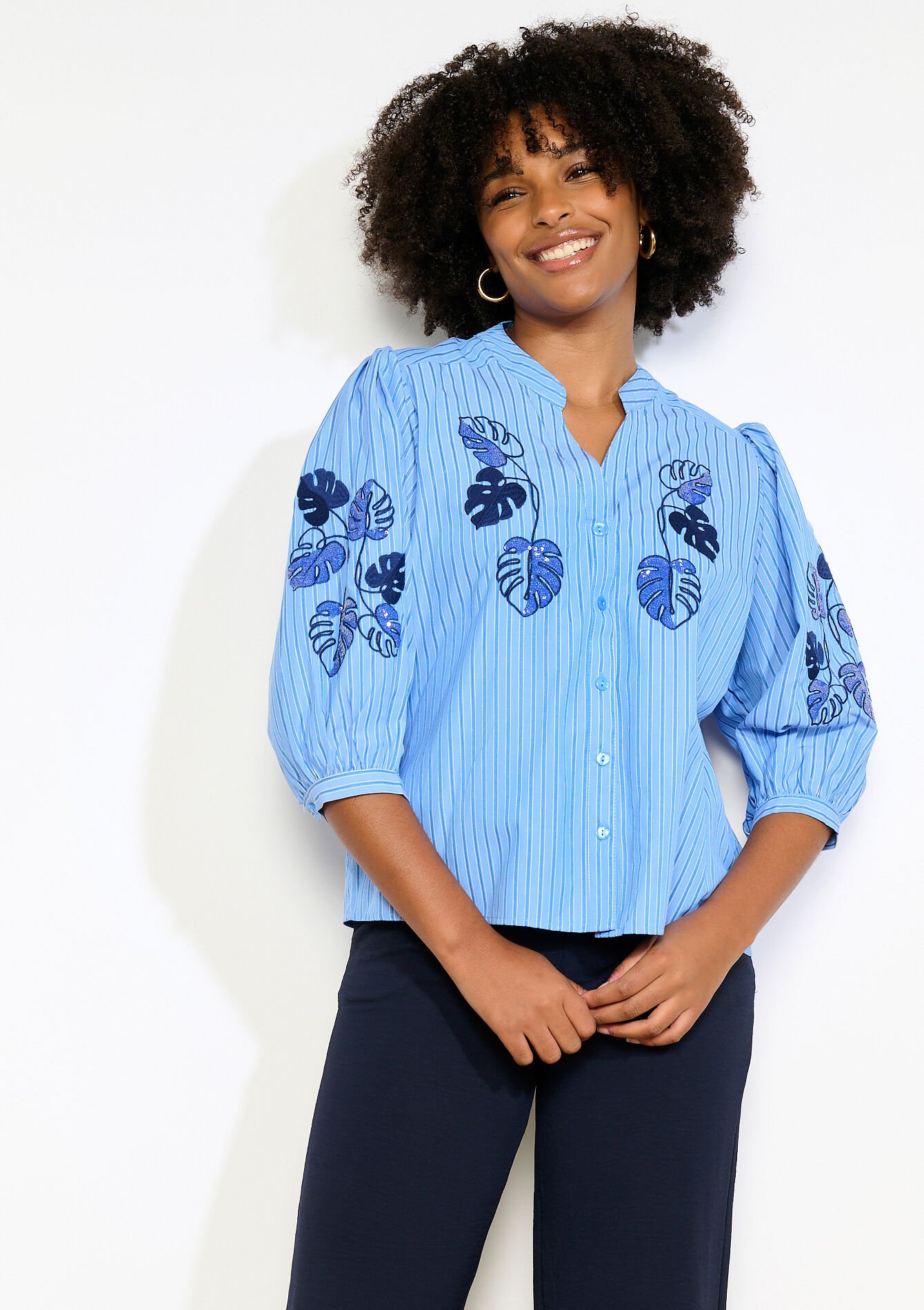 Blouse à rayures brodée - BLUE PASTEL - 05703038_3003