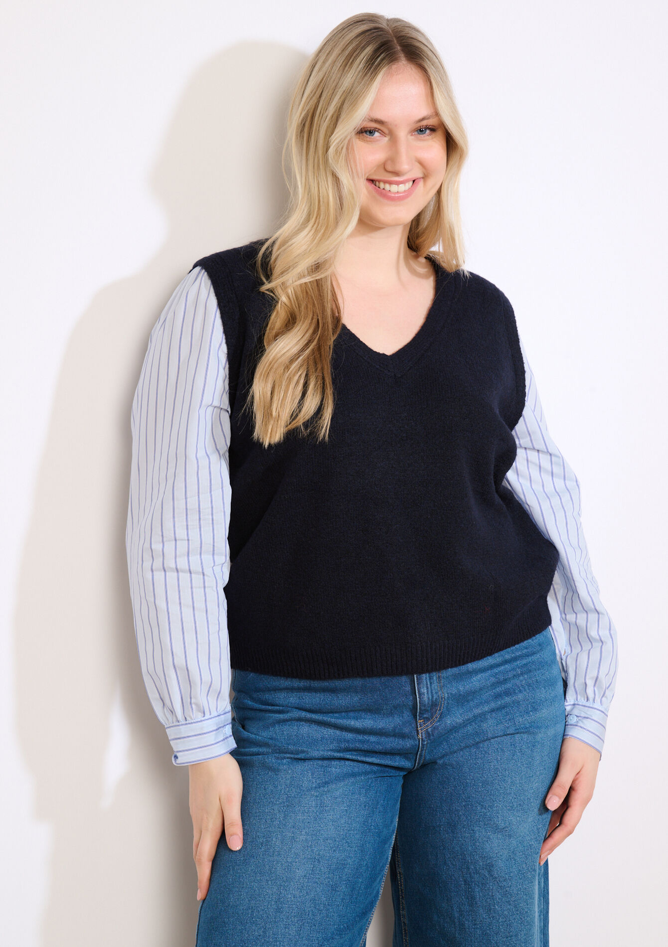 Trui met poplin laagjeslook - NAVY BASIC - 04007167_2723