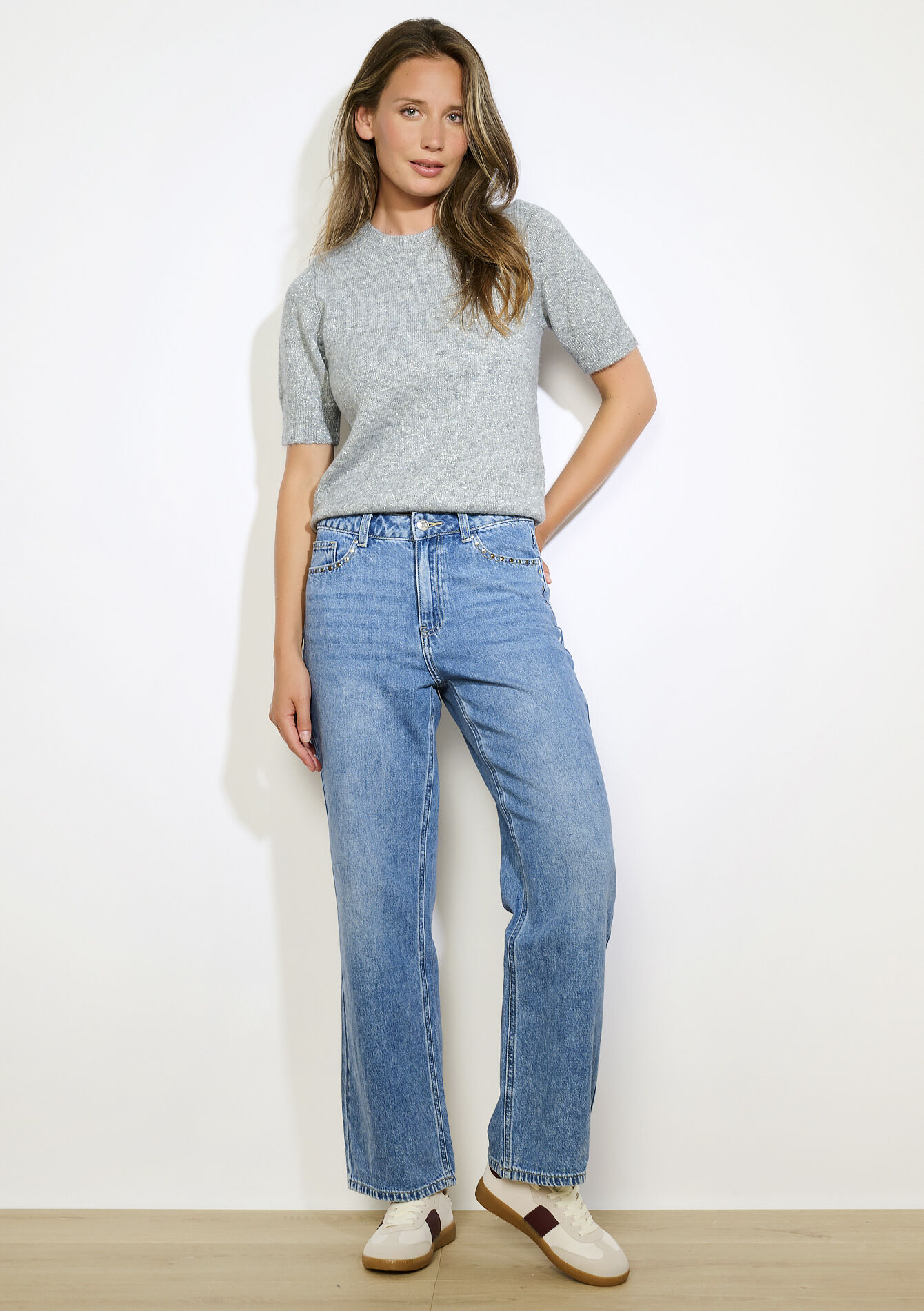 Lurex trui korte mouwen en pailletten , Lurex trui korte mouwen en pailletten - GREY MED MEL - 04006932_3507