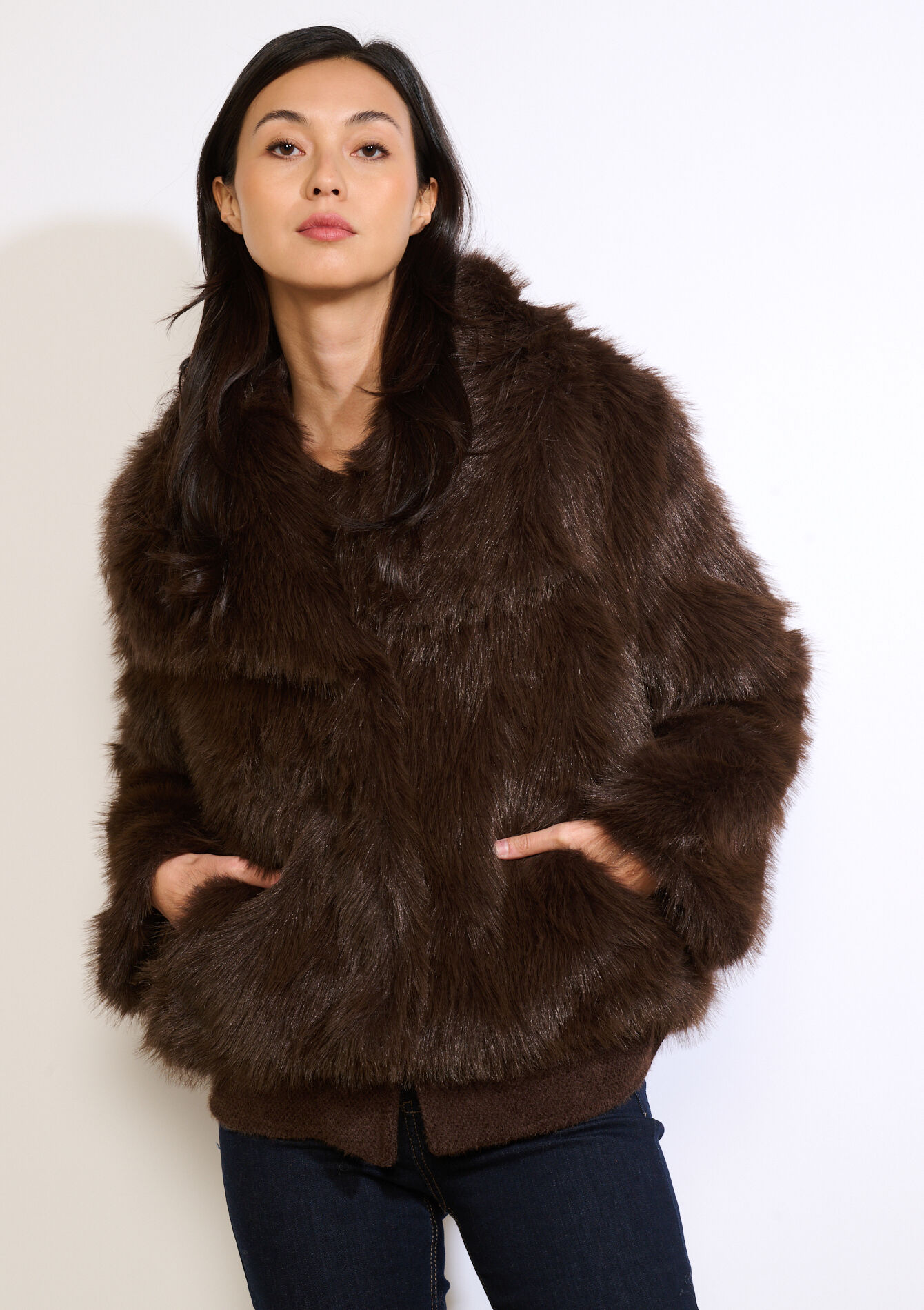 Faux fur jacket wide collar - BROWN DARK CHOCOLATE - 23000801_3720