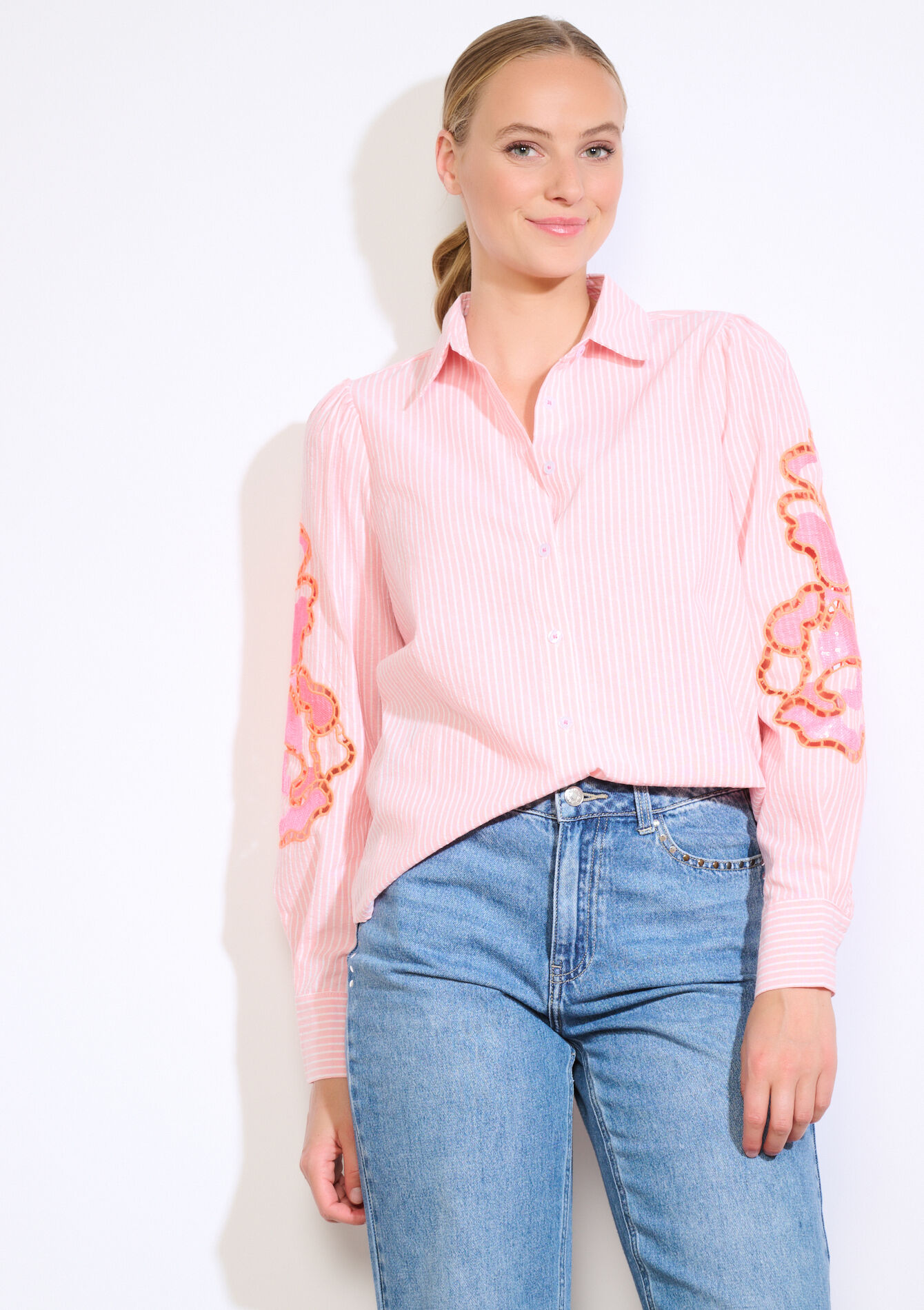 Chemise rayée avec broderie, Chemise rayée avec broderie - CORAL PINK - 05702917_1968