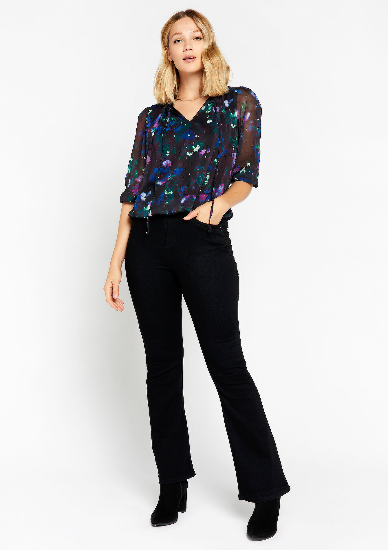 Blouse with tie collar, Blouse with tie collar - BLACK - 05702331_1119