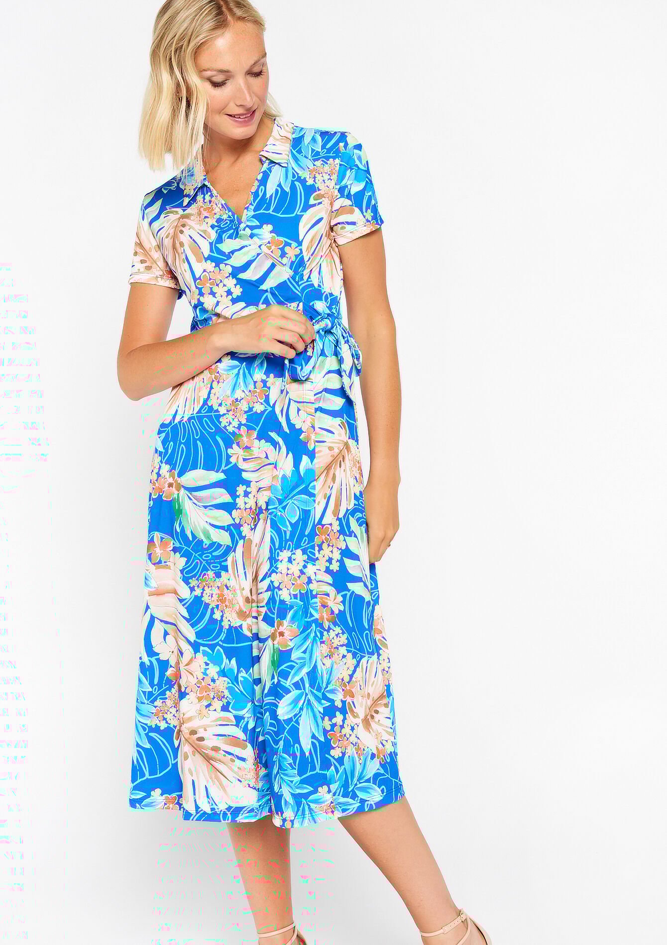 Robe cache-coeur à imprimé tropical, Robe cache-coeur à imprimé tropical - ELECTRIC BLUE - 08601992_1619