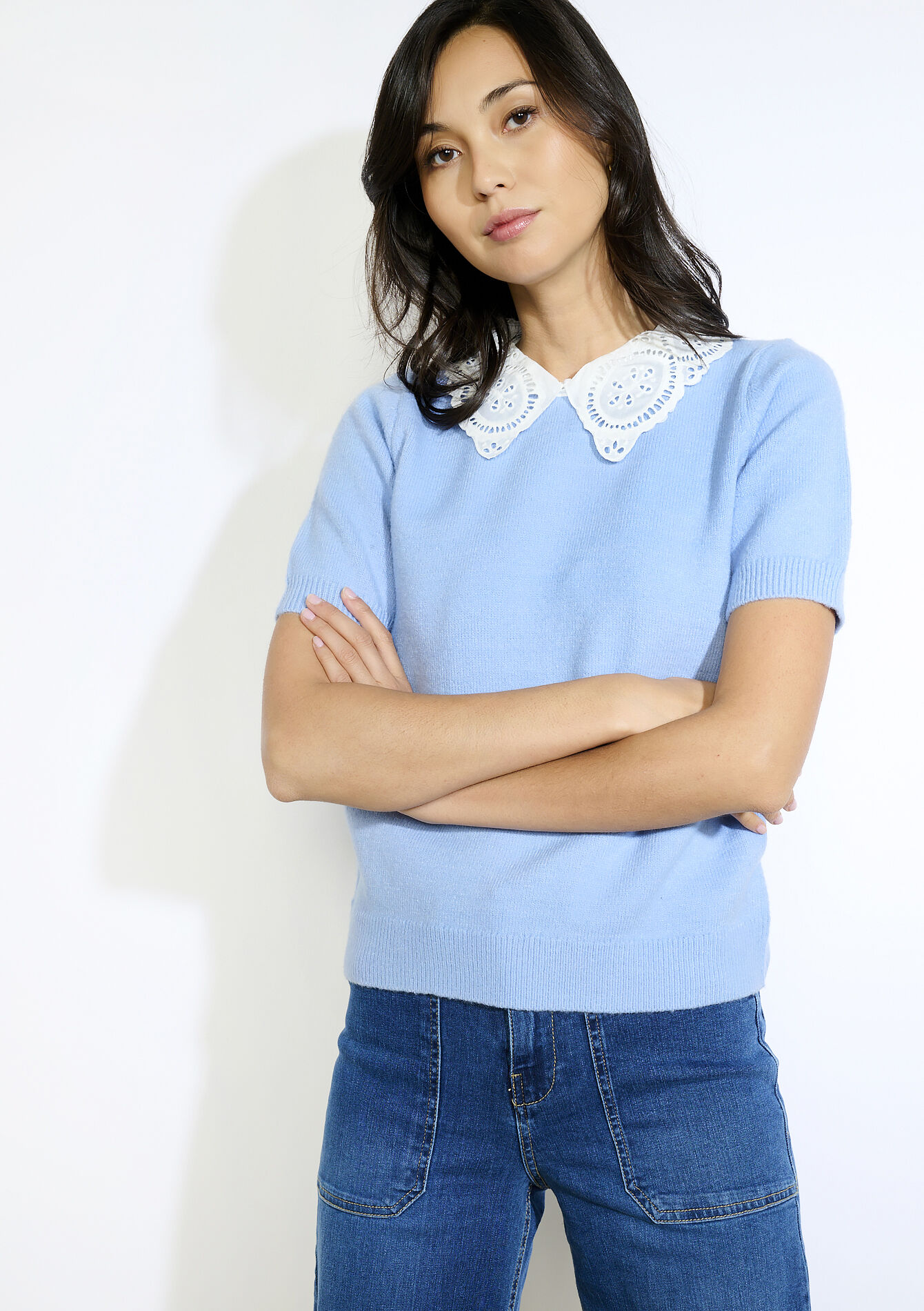 Pull col dentelle, Pull col dentelle - LT BLUE - 04006977_2519