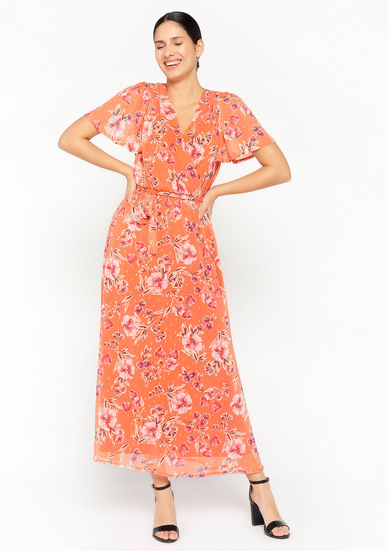 Maxi-jurk met bloemenprint, Maxi-jurk met bloemenprint - ORANGE BRIGHT - 1071149