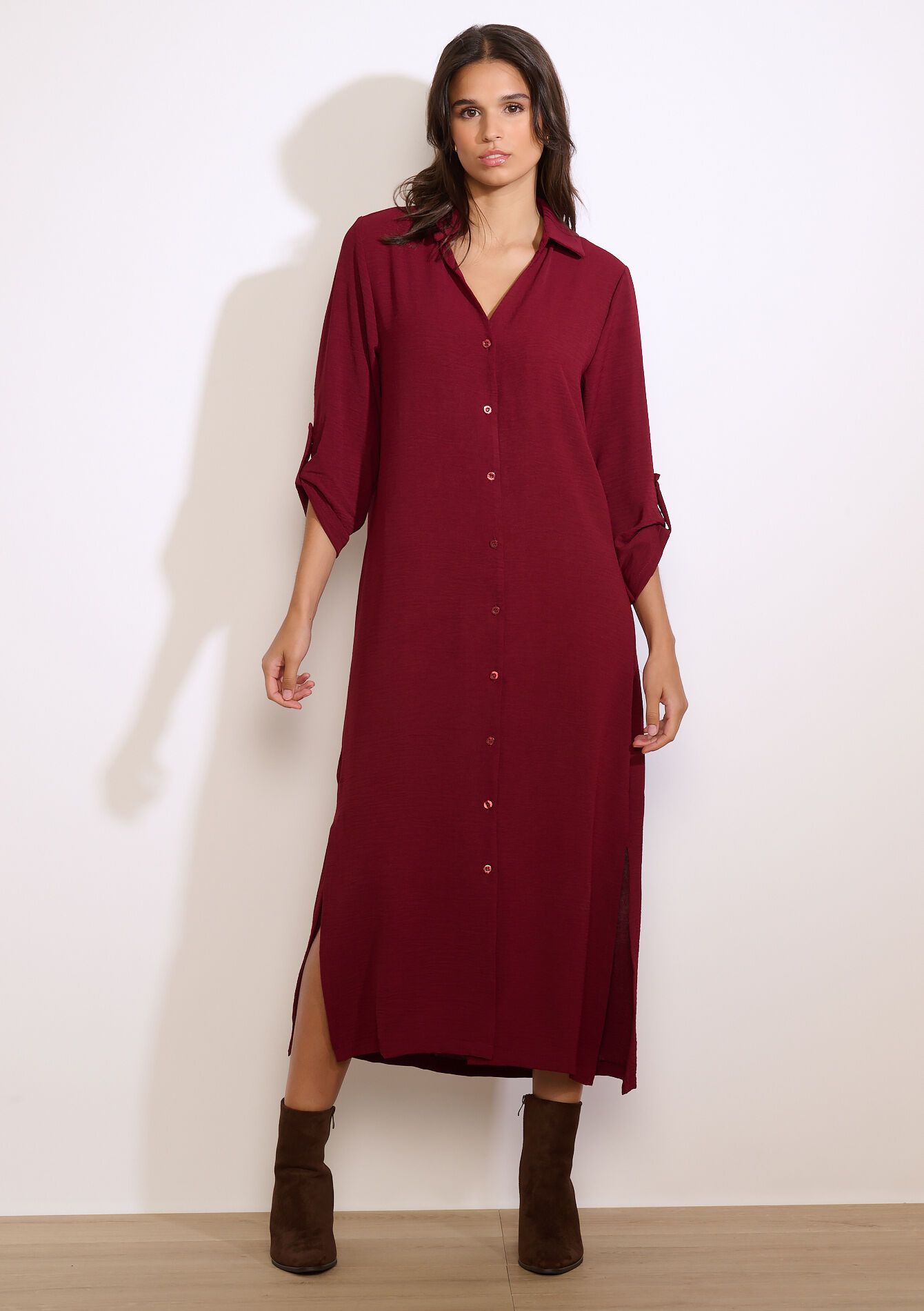 Long slit shirt dress - BORDEAUX WINE - 08104399_5514