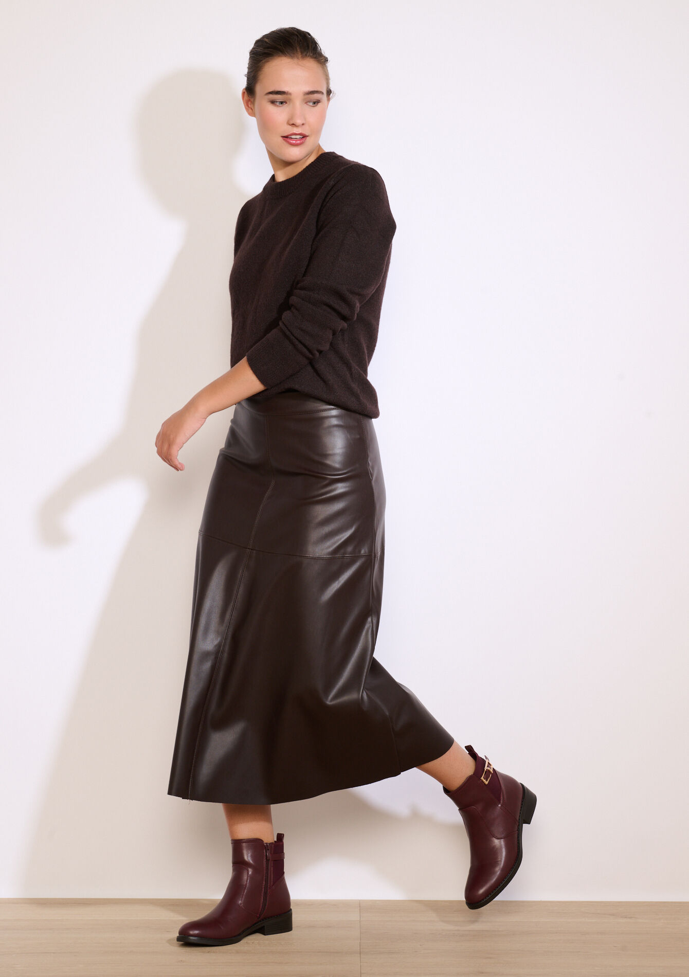 Midi-rok in imitatieleer, Midi-rok in imitatieleer - BROWN DARK CHOCOLATE - 07101404_3720