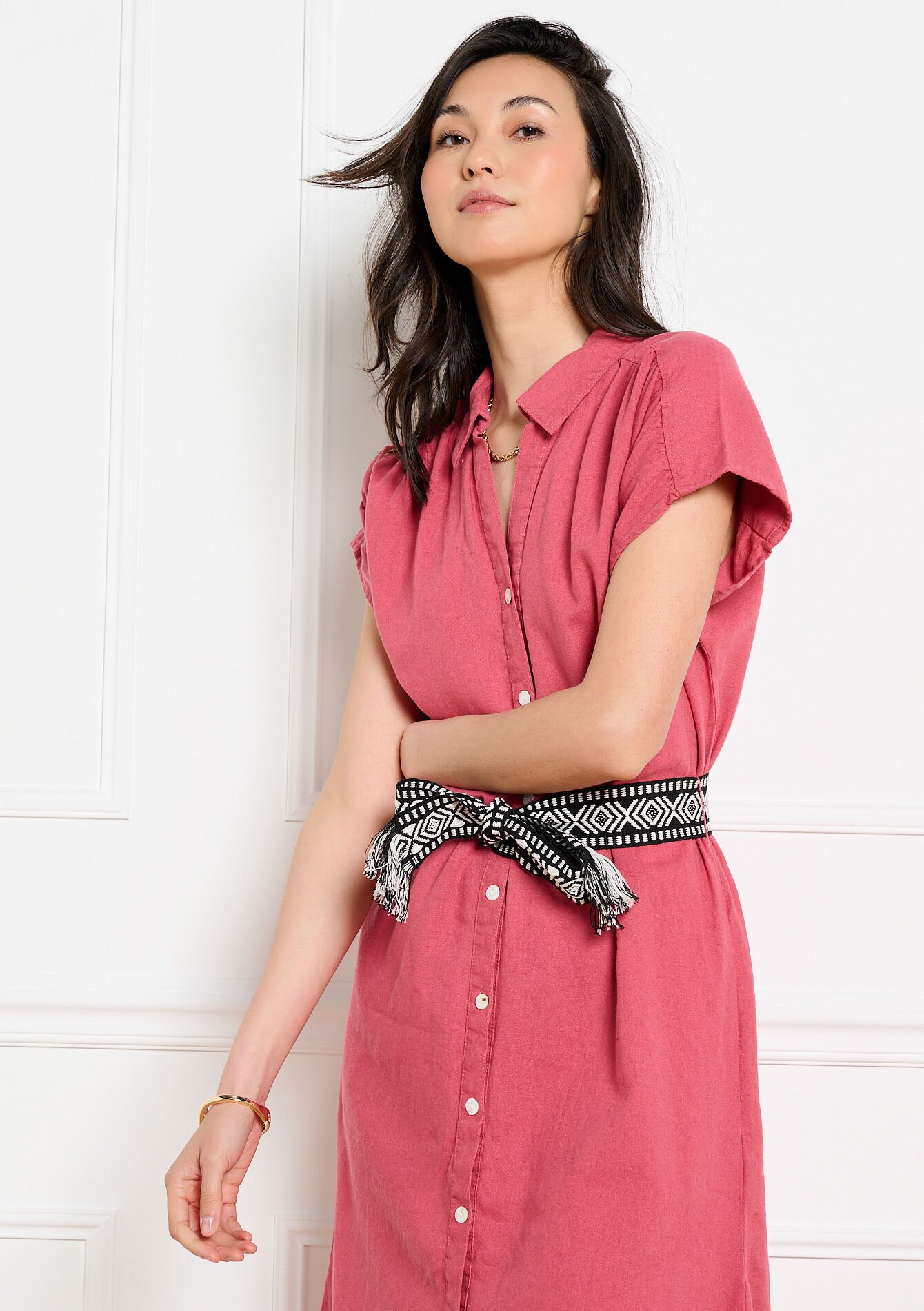 Robe chemise midi boutonnée - COSMETIC PINK - 08104317_5733