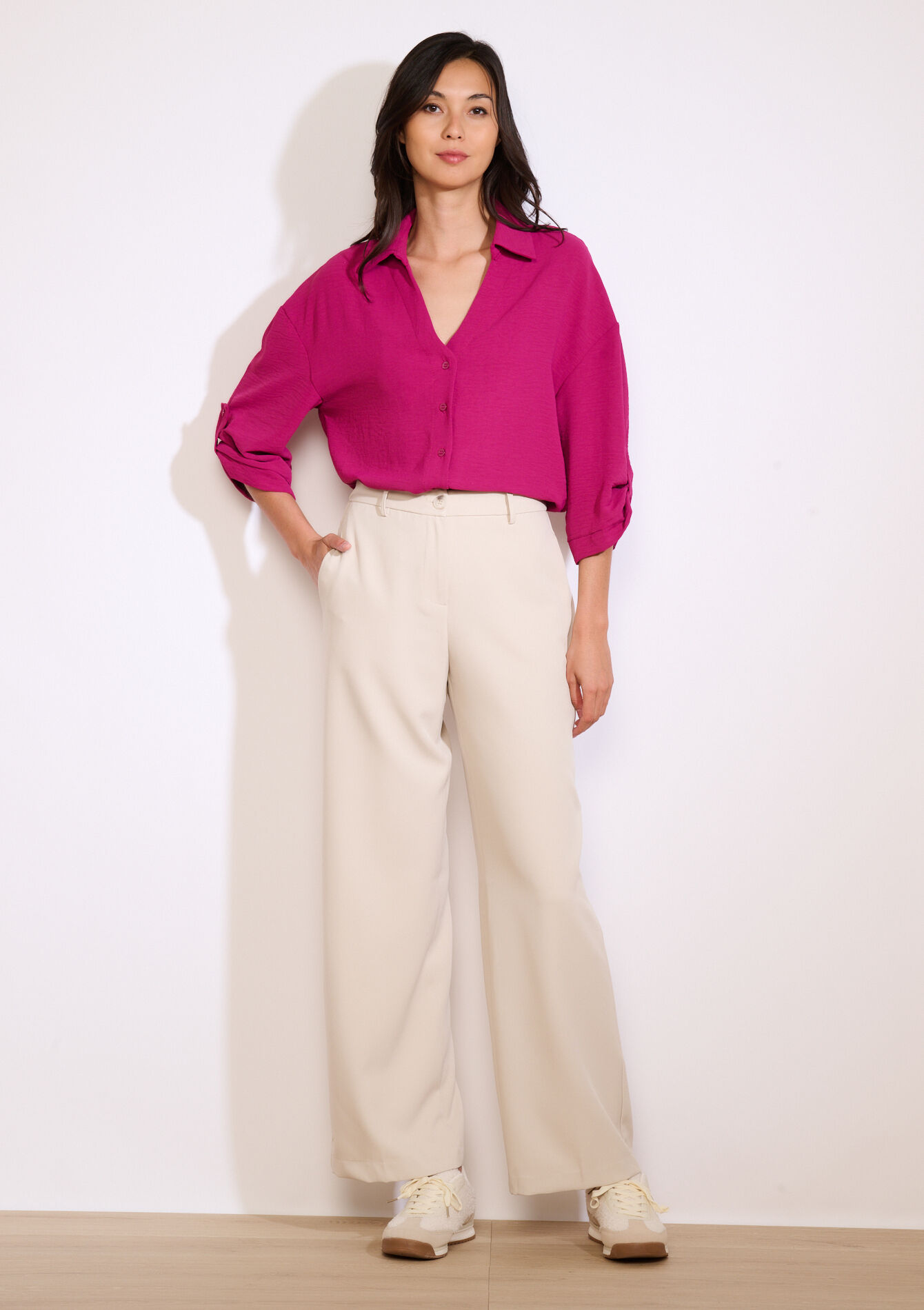 Wijde broek in twill - VANILLA WHITE - 06601045_1013