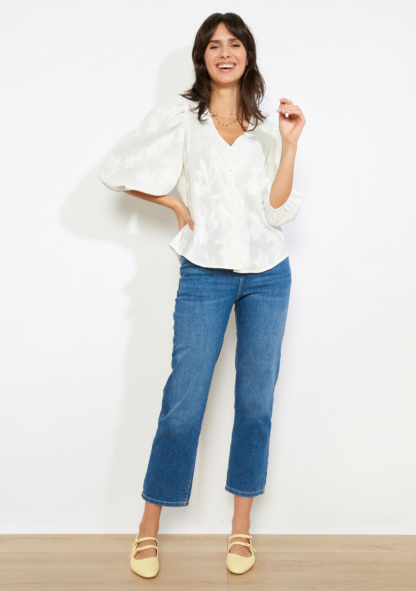 Losvallende jacquard blouse - OPTICAL WHITE - 05703043_1019