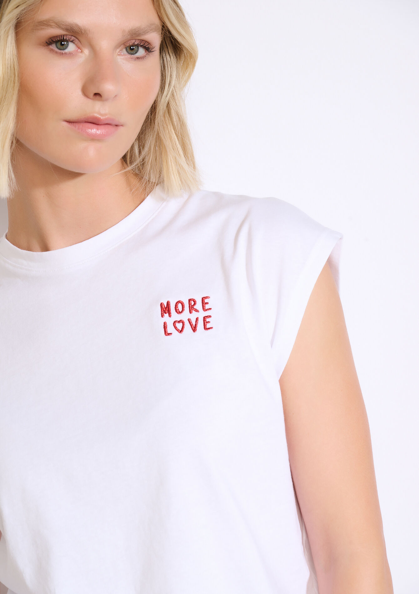 T-shirt à message brodé, T-shirt à message brodé - OPTICAL WHITE - 02301741