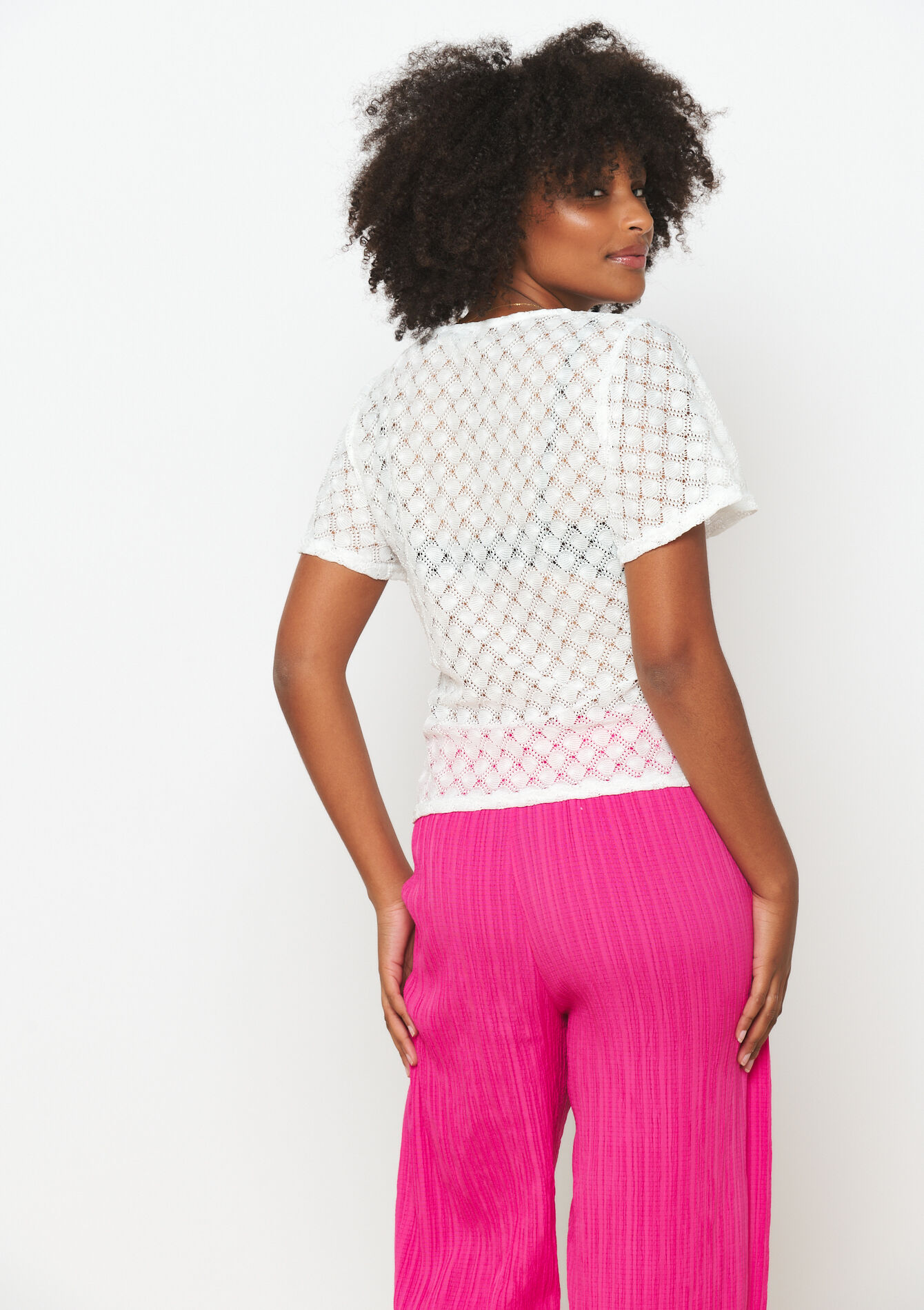 Openwork T-shirt in macramé, Openwork T-shirt in macramé - OPTICAL WHITE - 02301604_1019