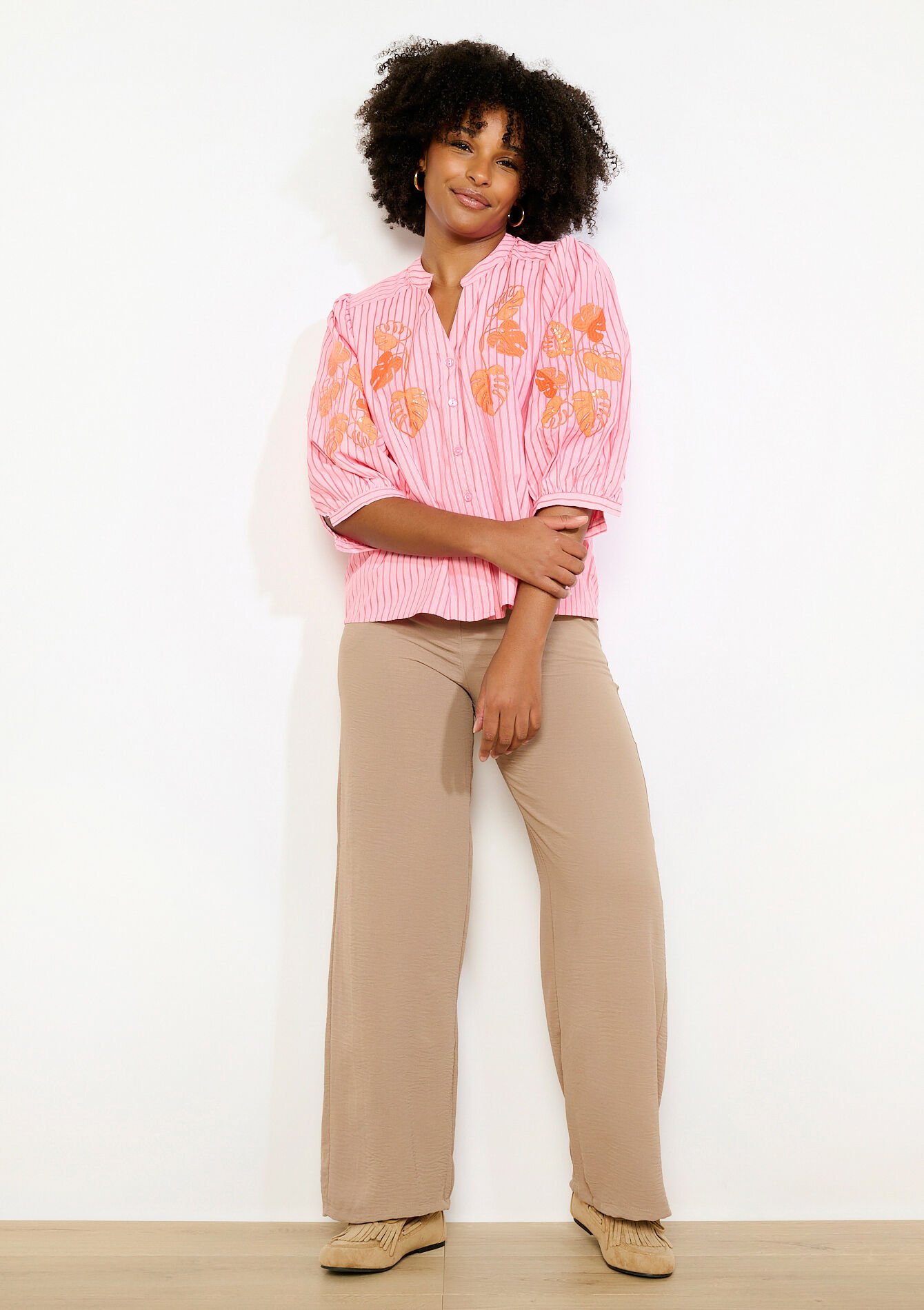 Blouse à rayures brodée - CORAL PINK - 05703038_1968