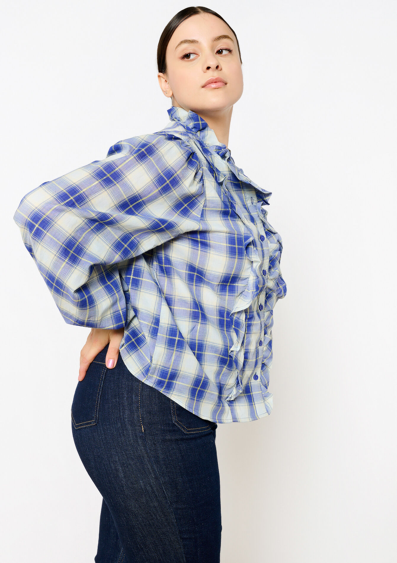 Chemise à carreaux avec volants - BLUE COBALT - 05702498_2925