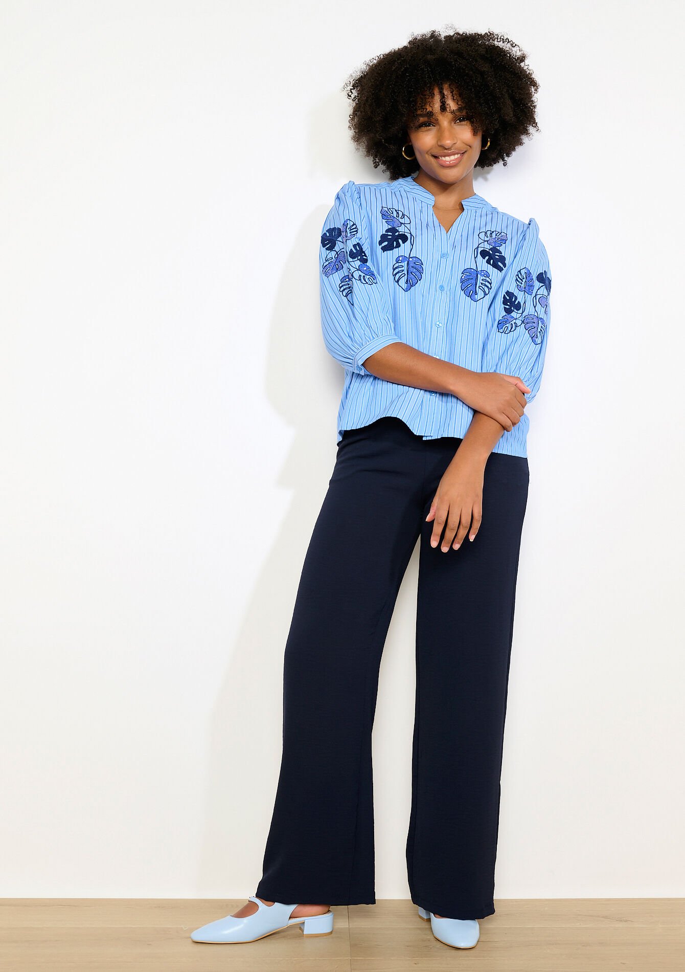 Blouse à rayures brodée - BLUE PASTEL - 05703038_3003