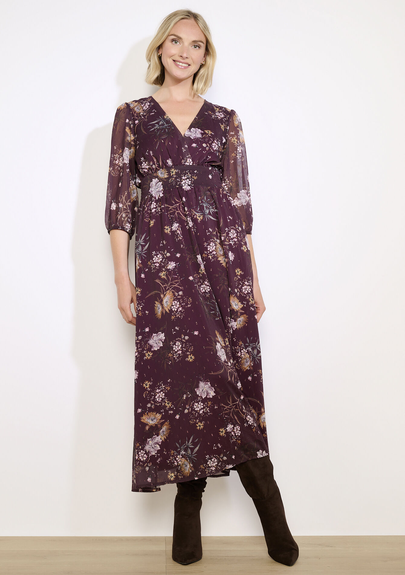 Gebloemde midi-jurk, Gebloemde midi-jurk - BORDEAUX WINE - 08104224_5514