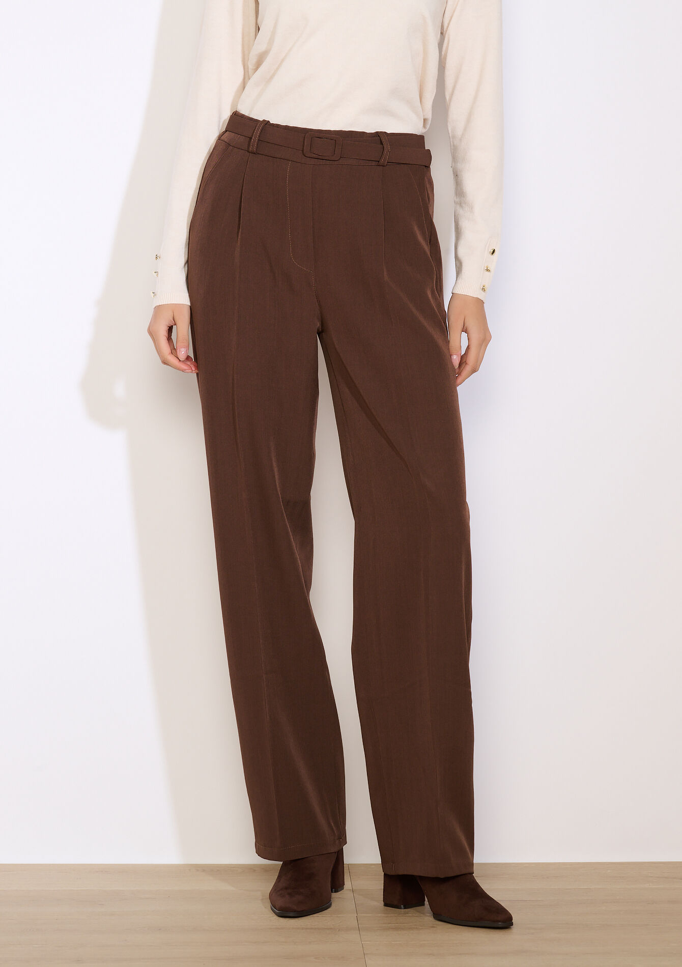 Pantalon fluide ceinturé - BROWN DARK CHOCOLATE - 06601069_3720