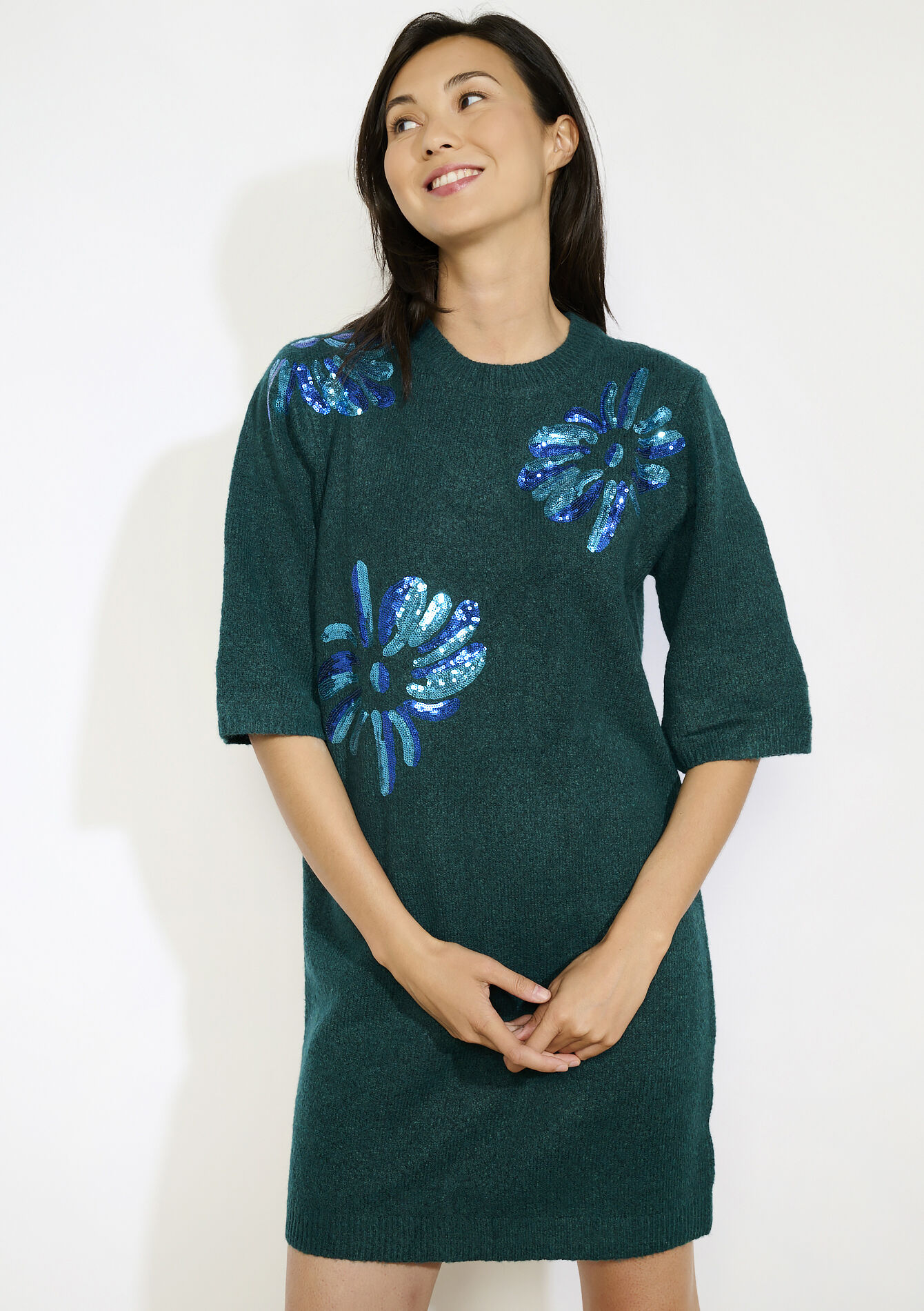 gebreide jurk met bloemenborduursel, gebreide jurk met bloemenborduursel - BOTTLE GREEN - 08104284_1778