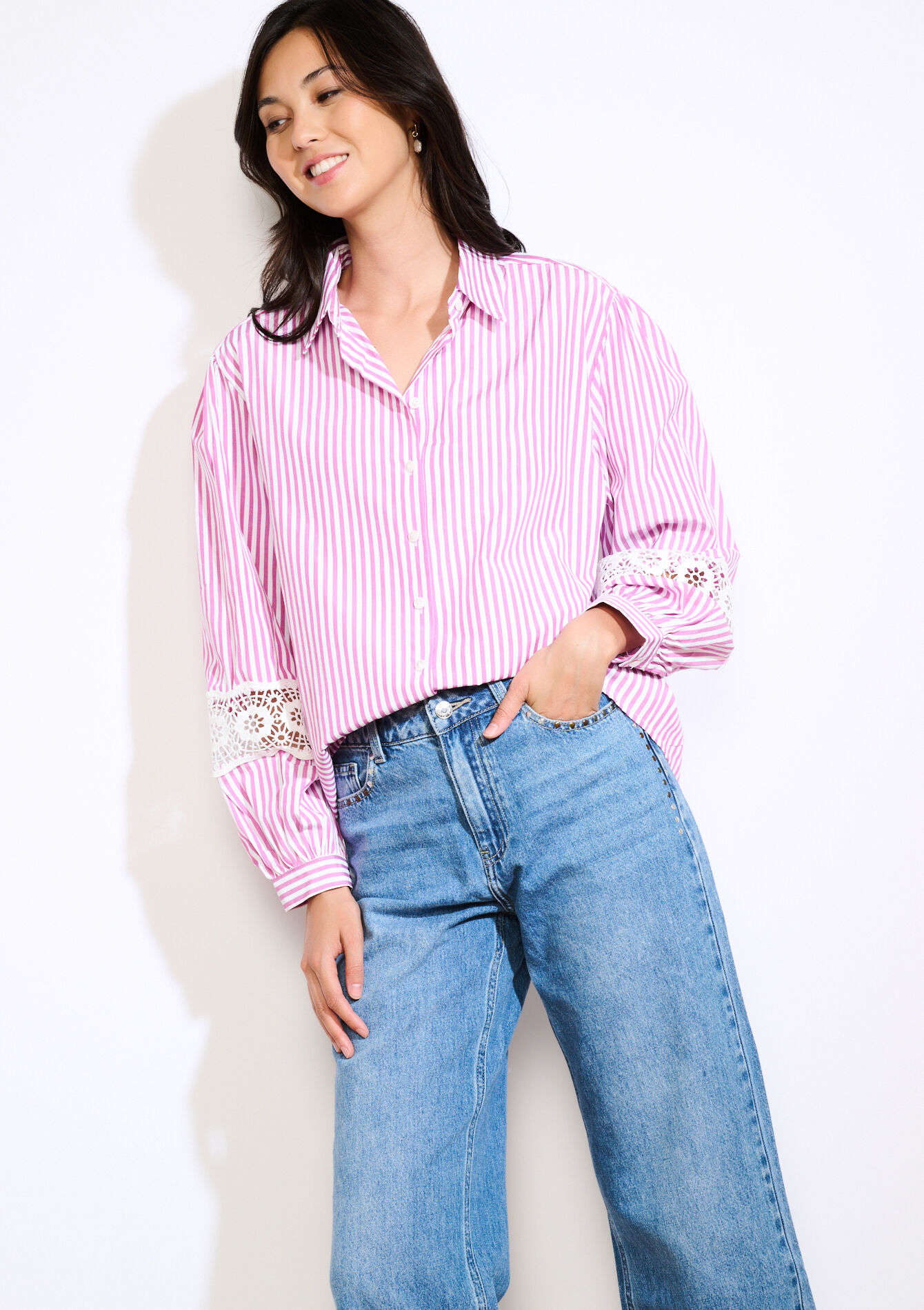 Chemise rayée à dentelle, Chemise rayée à dentelle - VIOLINE - 05702867_2576
