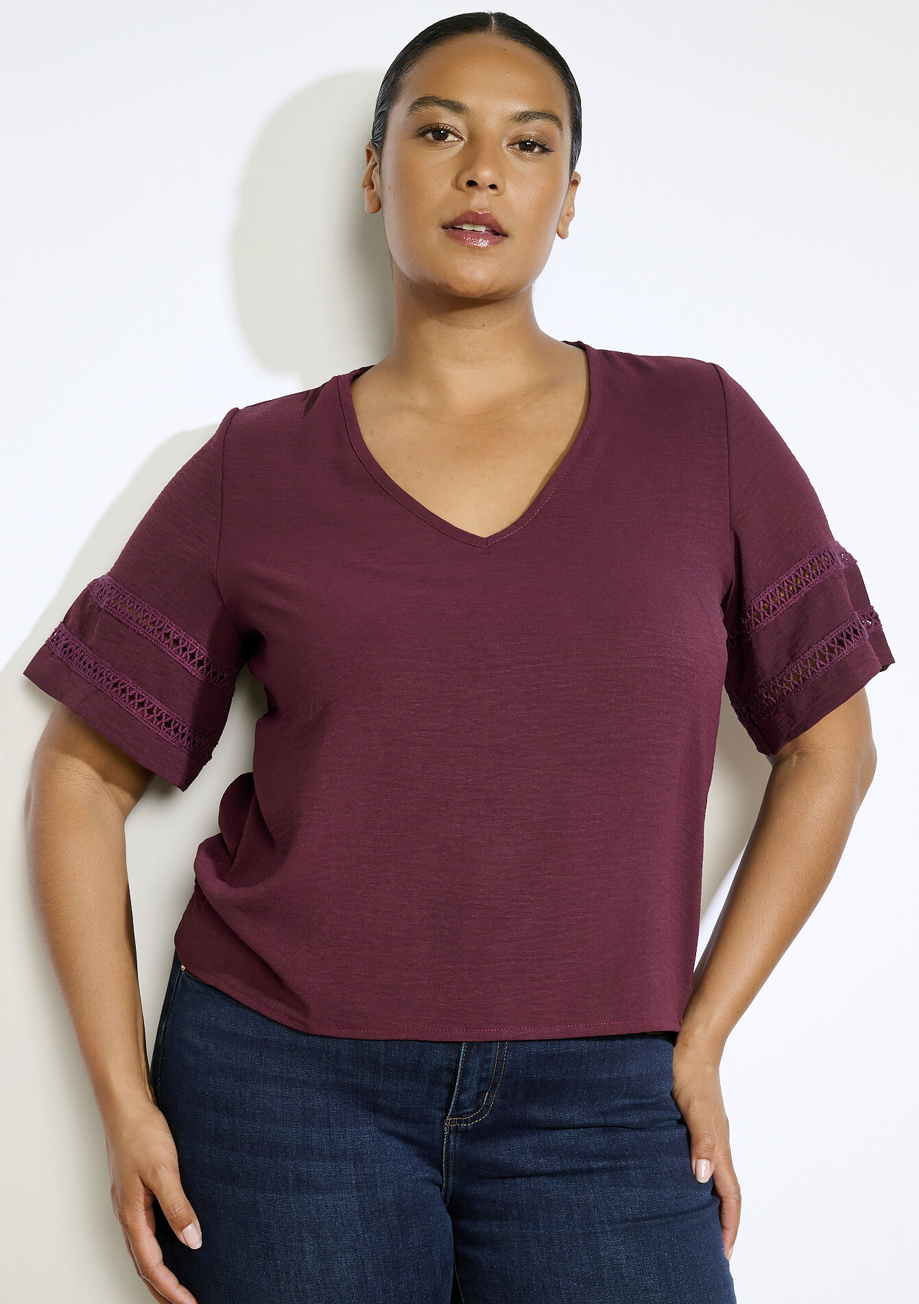 Blouse met opengewerkte mouwen, Blouse met opengewerkte mouwen - AUBERGINE - 05702919_1537