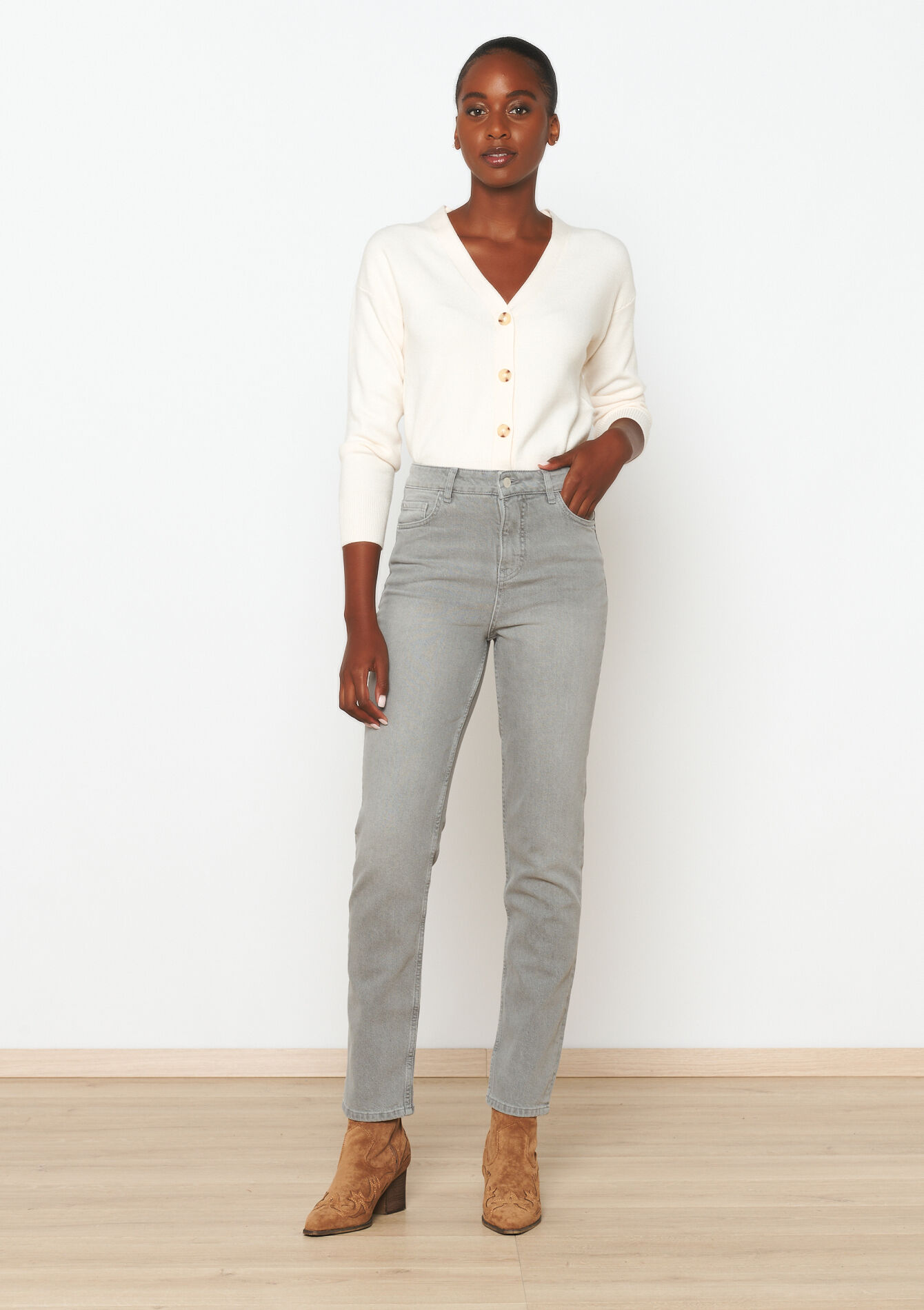 Rechte jeans met hoge taille - LIGHT GREY - 22000554_0511