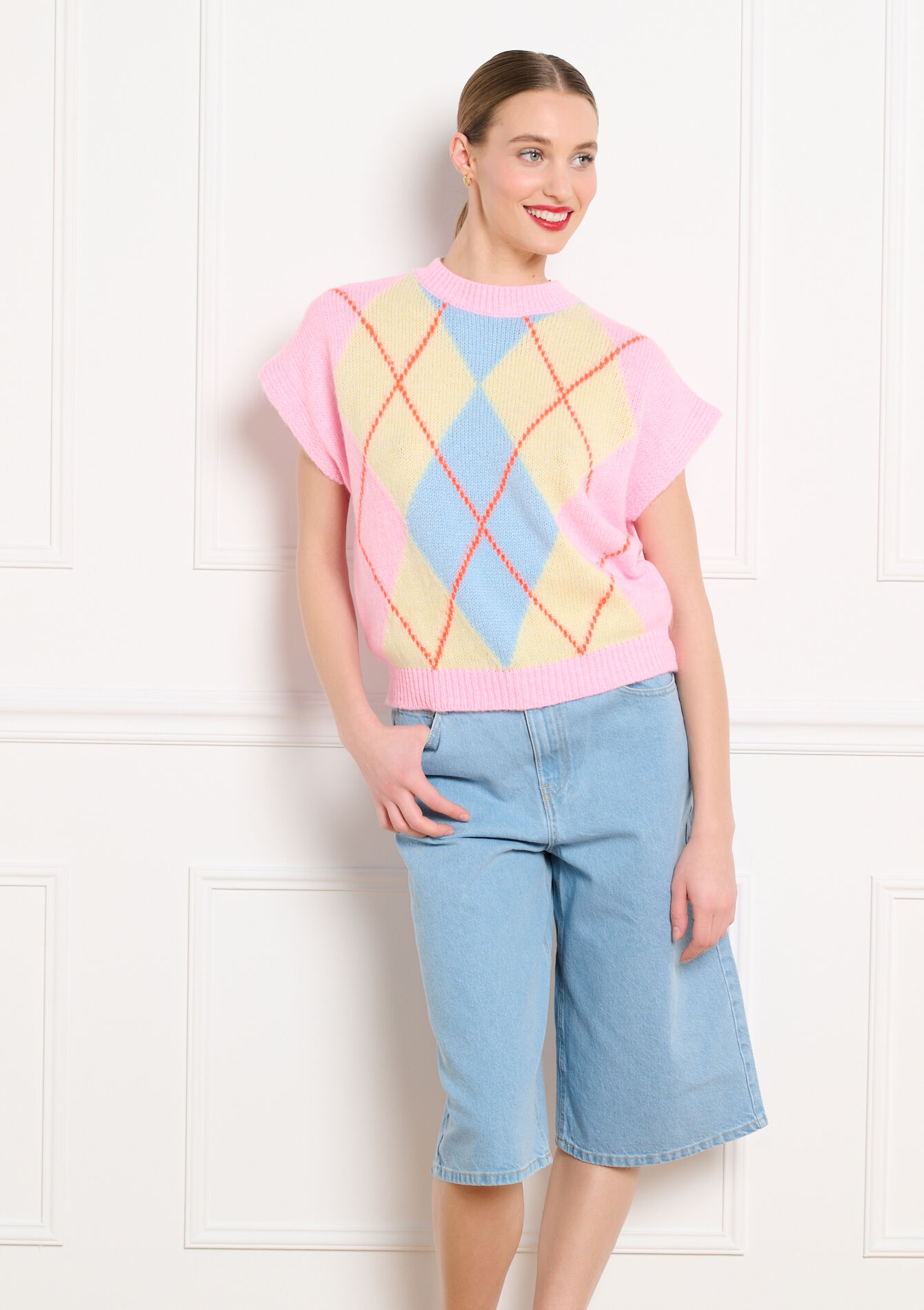 Korte mouwen trui met ruitmotief, , back