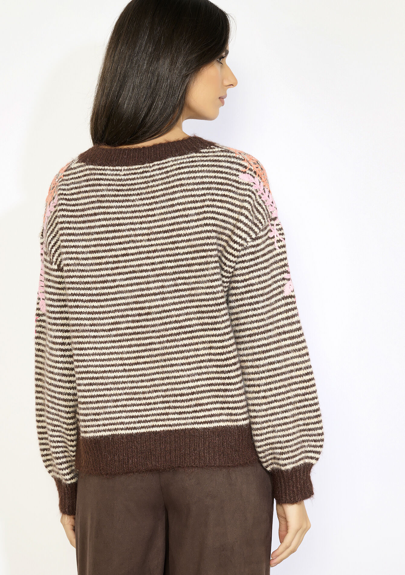 Striped embroidered knit, Striped embroidered knit - BROWN DARK CHOCOLATE - 04007063_3720