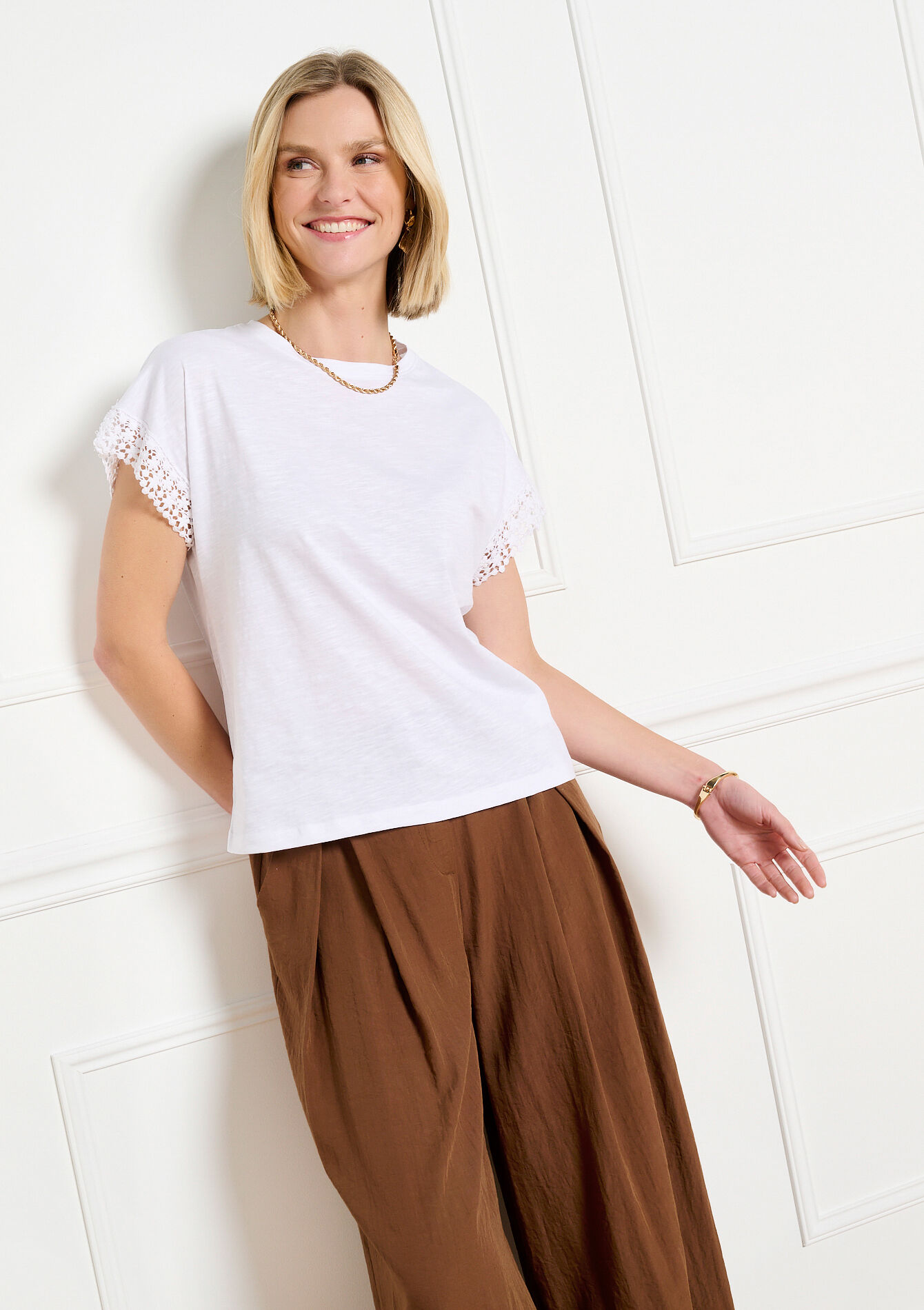 T-shirt met kanten mouwen - OPTICAL WHITE - 02301939_1019