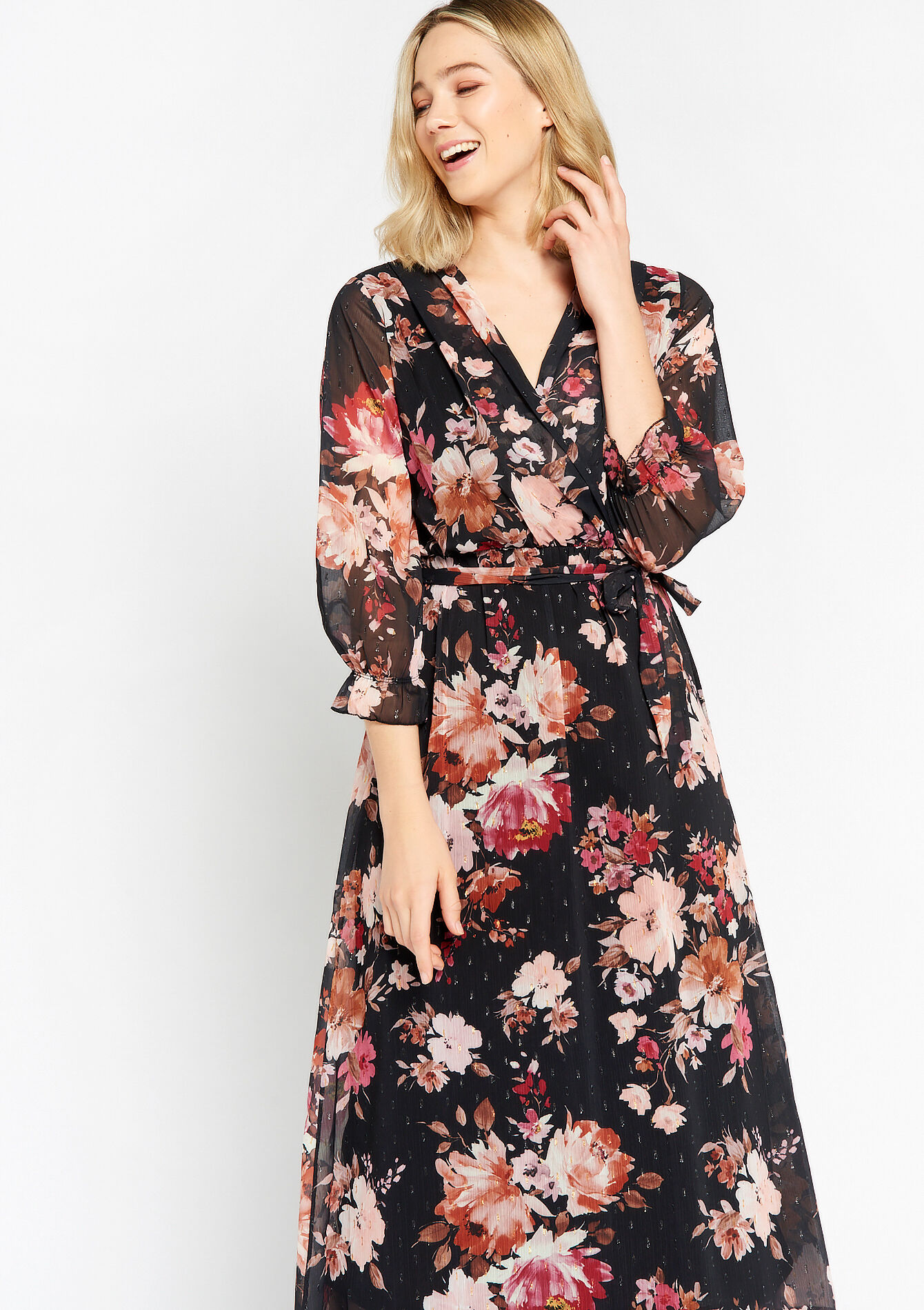 Wrap dress with floral print, Wrap dress with floral print - BLACK - 08601844_1119