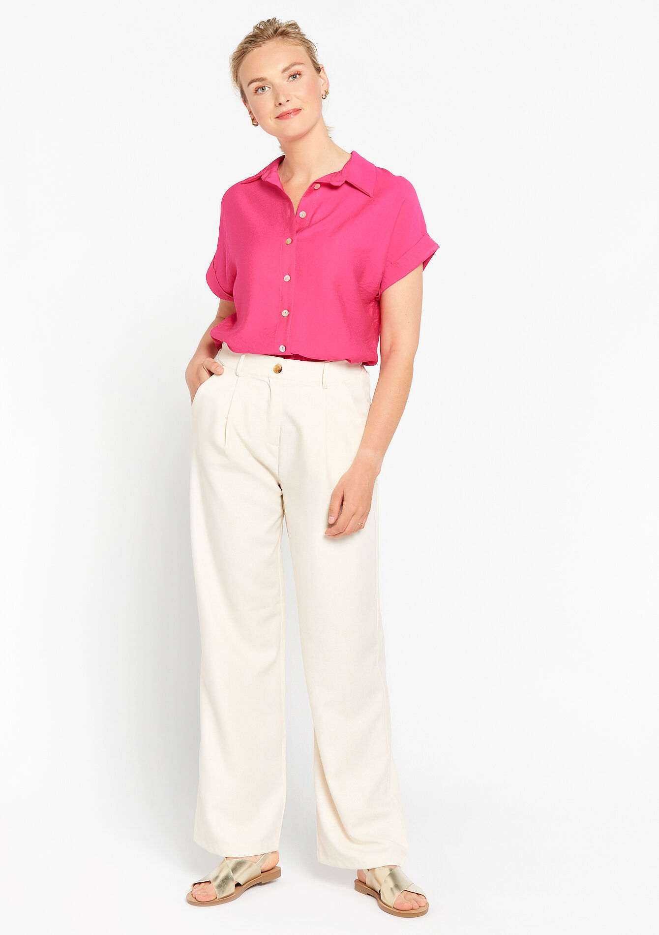 Wide trousers with linen look, Wide trousers with linen look - LT BEIGE - 06600764_2527