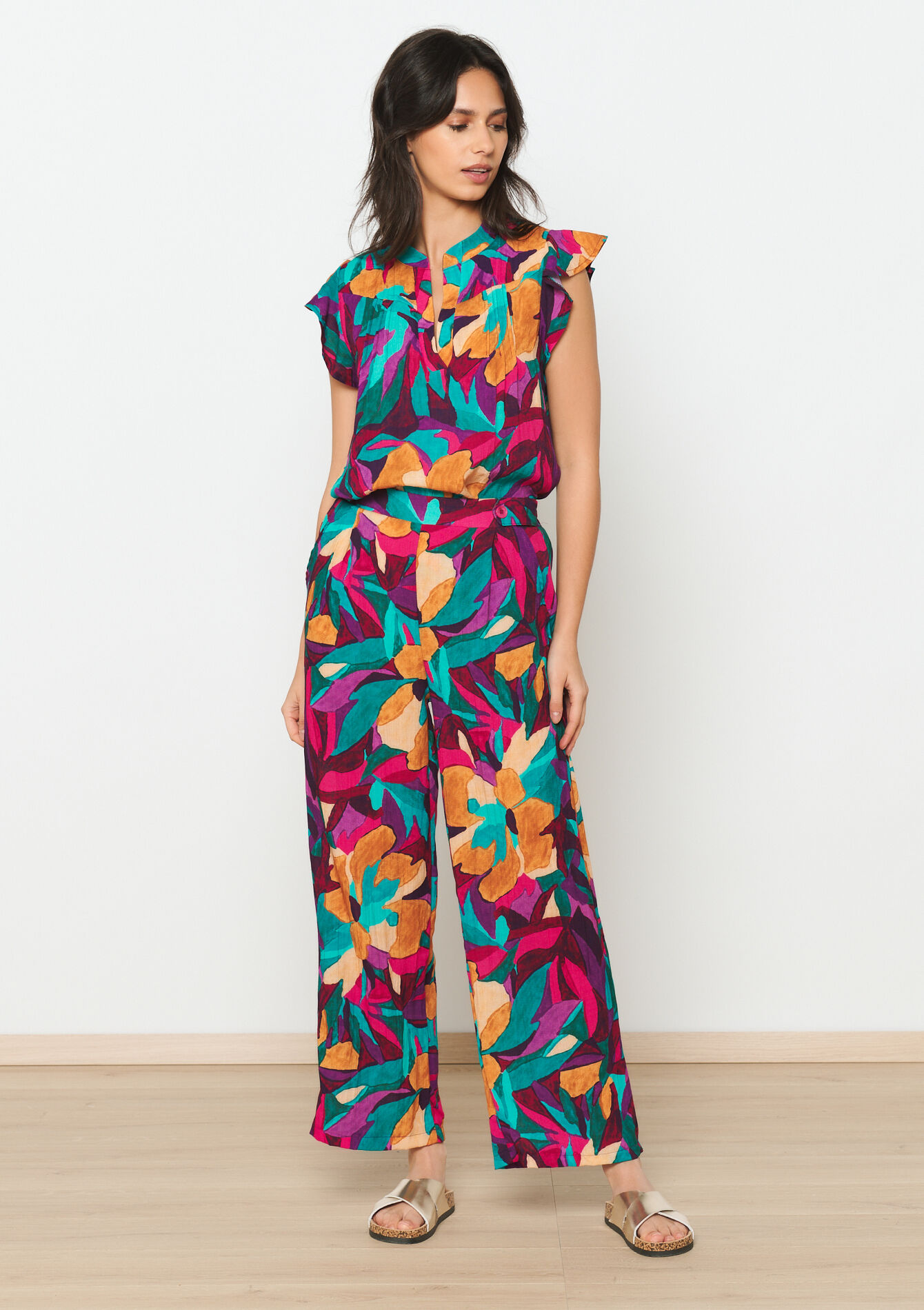 Trousers with watercolour print - FUSCHIA PINK - 06600832_1465