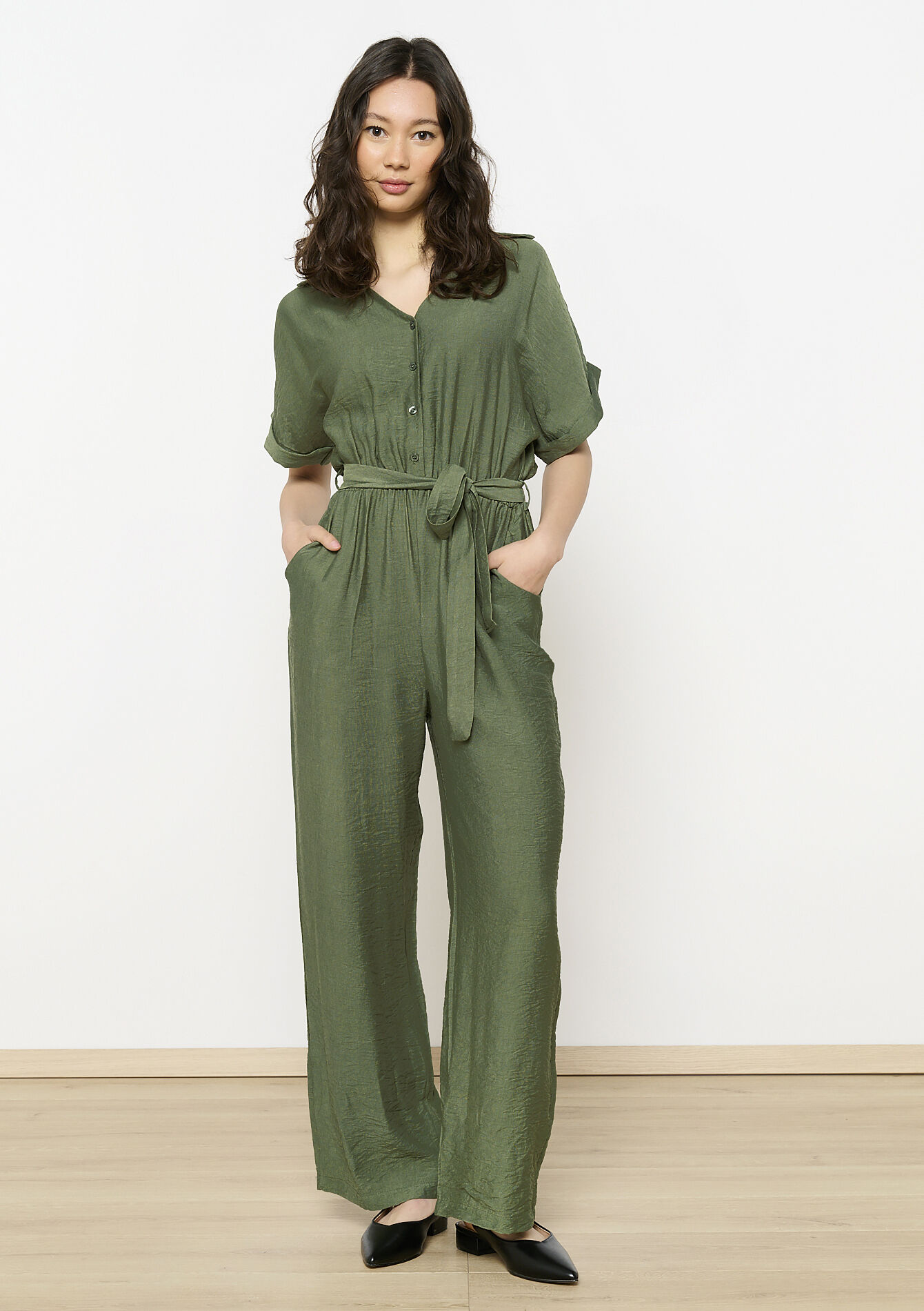 Belted buttoned jumpsuit - KHAKI MED - 06004602_4327