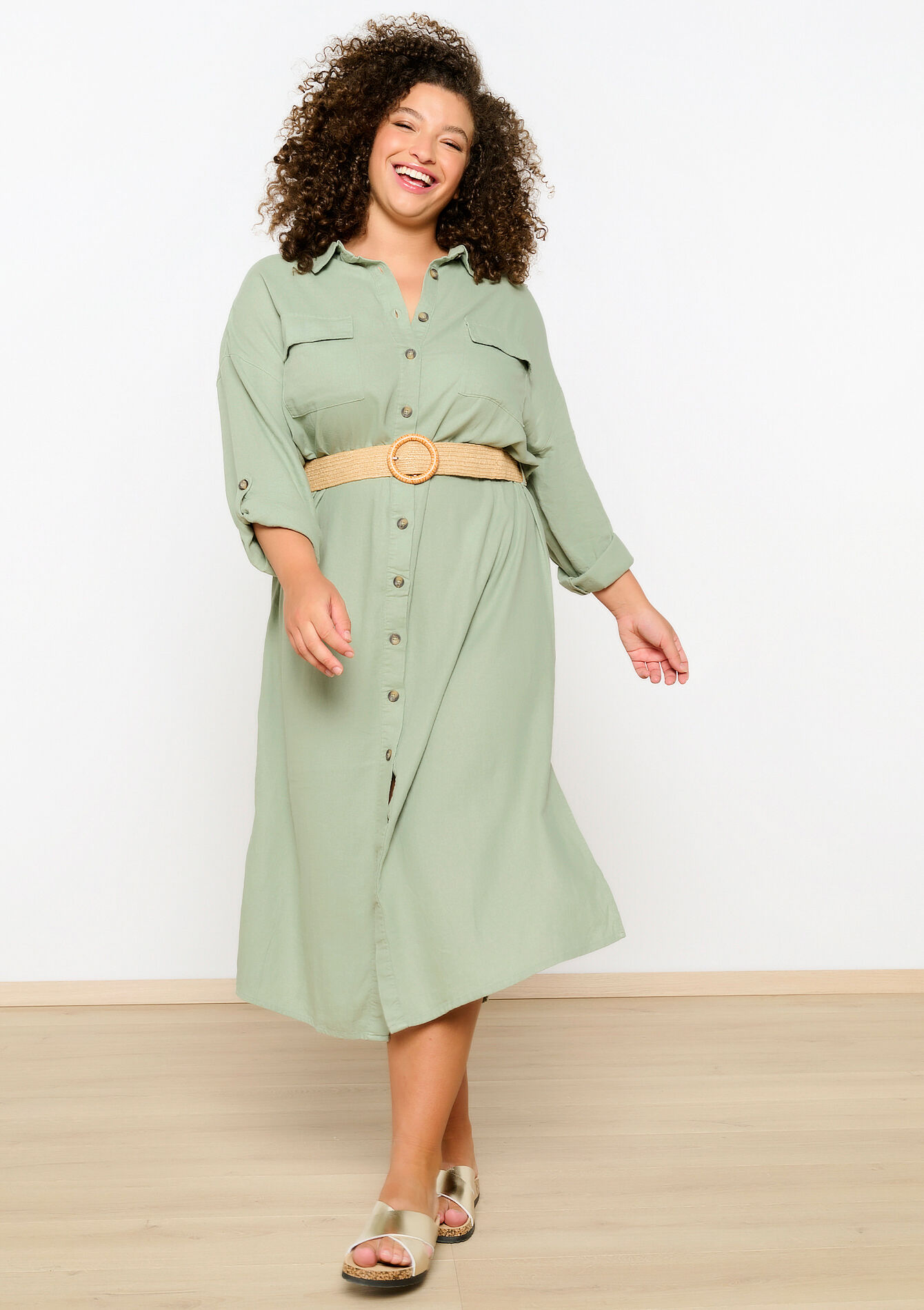 Linen shirt dress with belt - KHAKI FADED - 08602218_4326