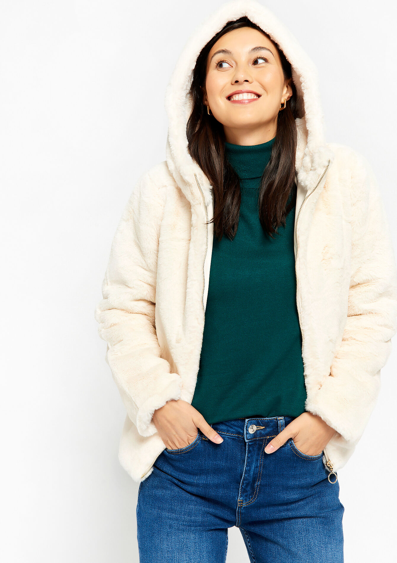 Faux fur jas met capuchon - VANILLA WHITE - 23000594_1013