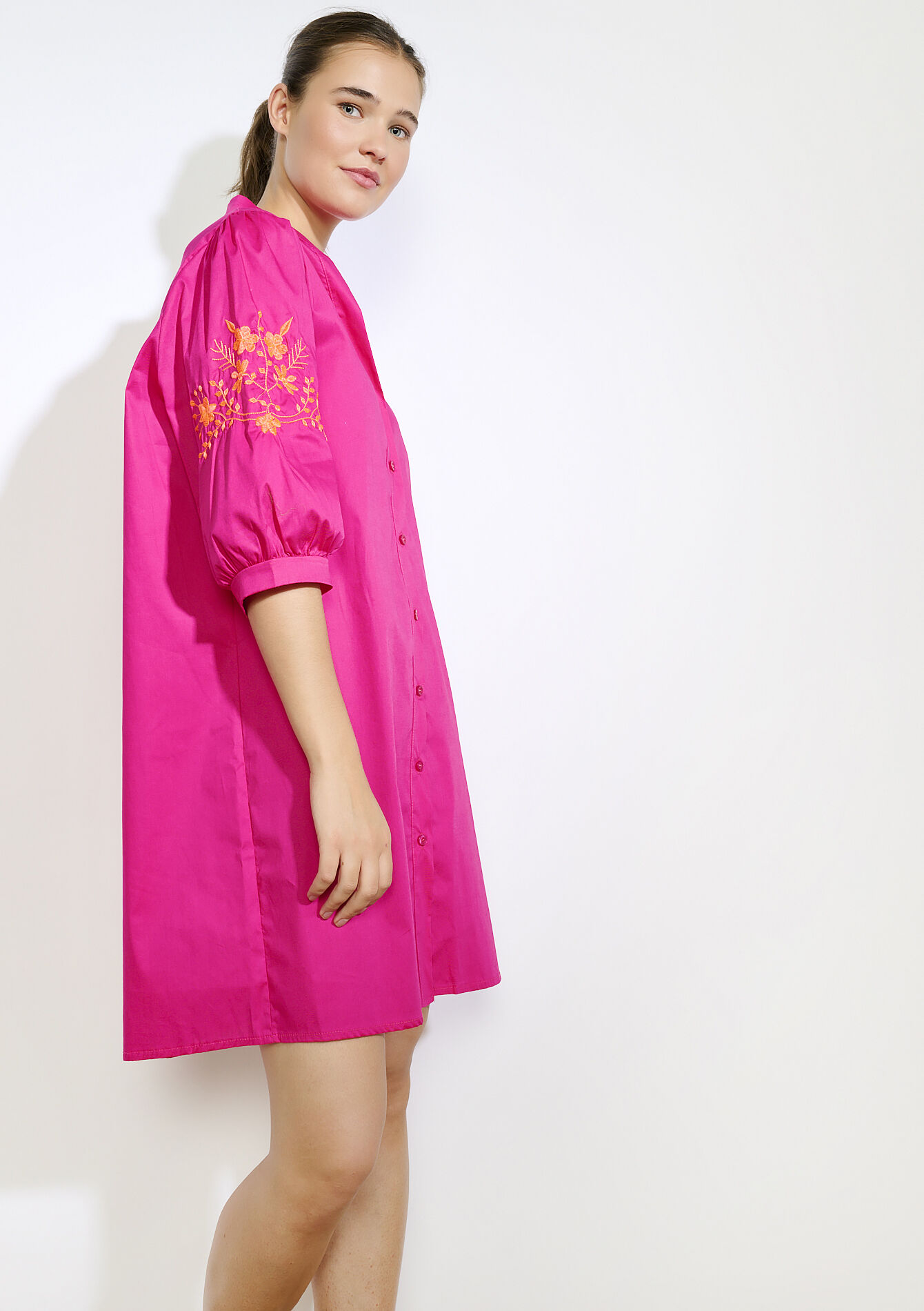 Robe brodée popeline, Robe brodée popeline - FUCHSIA - 1135400